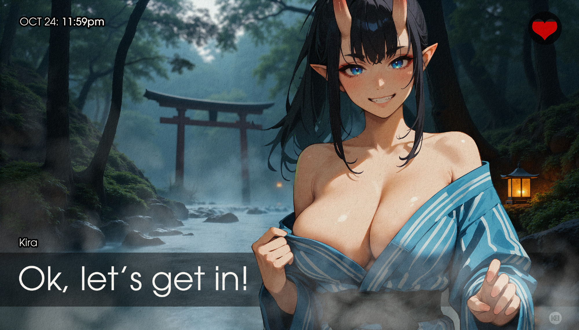 A simulated screenshot from a visual novel featuring a black-haired oni girl in traditional Japanese clothes staring at you intently. The interface has a dialog box that displays the text "Ok, let's get in!" An indicator for affection is in the upper right and it is almost full. A clock in the upper left says: OCT 24: 11:59pm