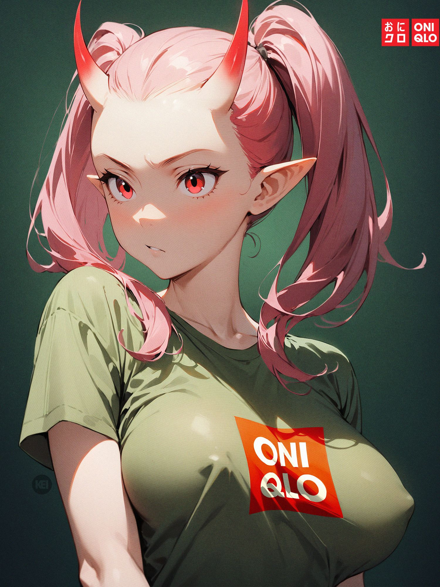 The original. Pink twintails red-eyed oni wearing a casual green ONIQLO logo tee and nothing underneath, obviously.