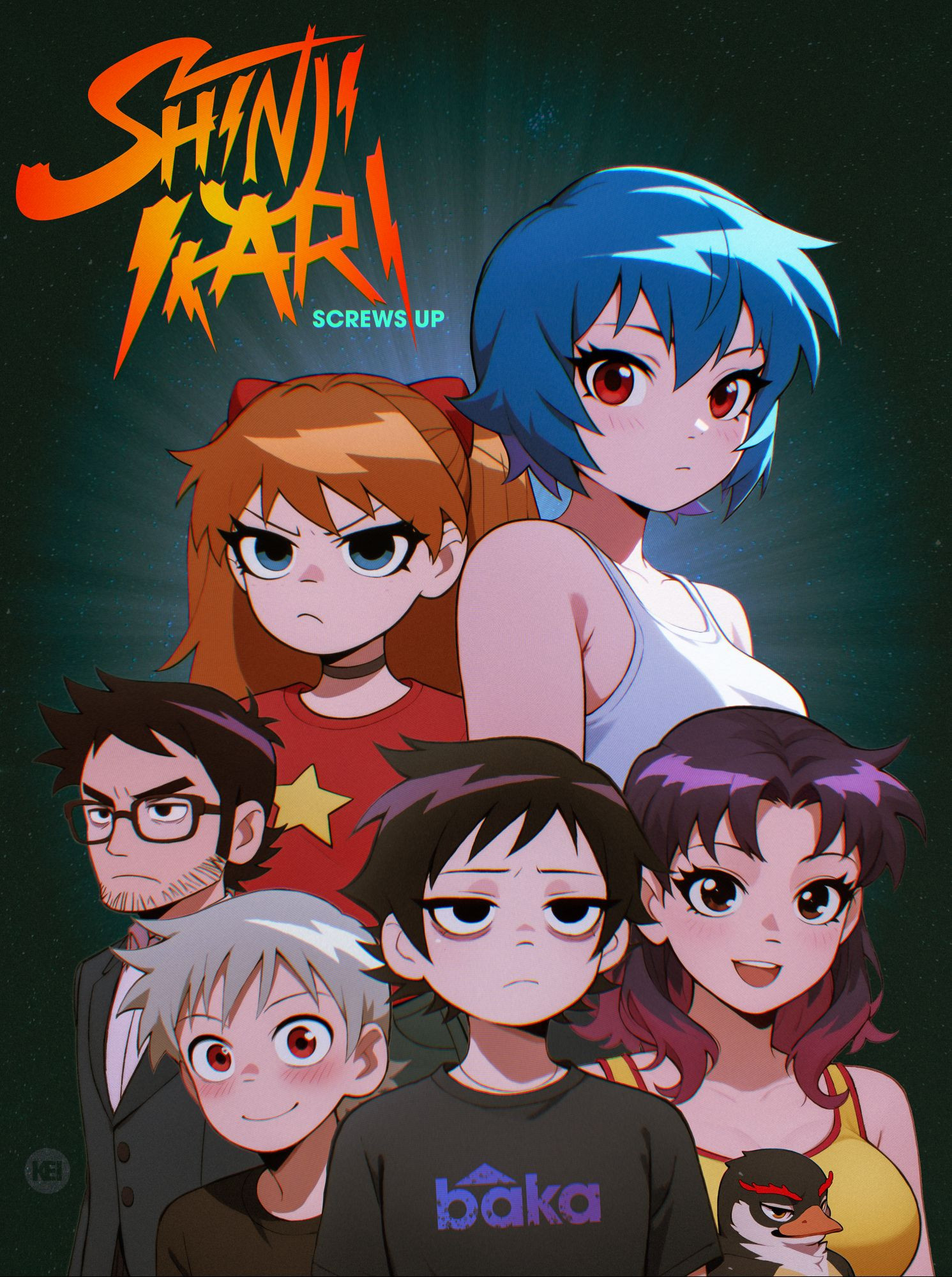 A poster for the fictional show "Shinji Ikari Screws Up" that combines the aesthetic of Bryan O'Malley's Scott Pilgrim with Neon Genesis Evangelion. Gendo, Asuka, Rei, Kaworu, Misato, PenPen, and Shinji are all here.