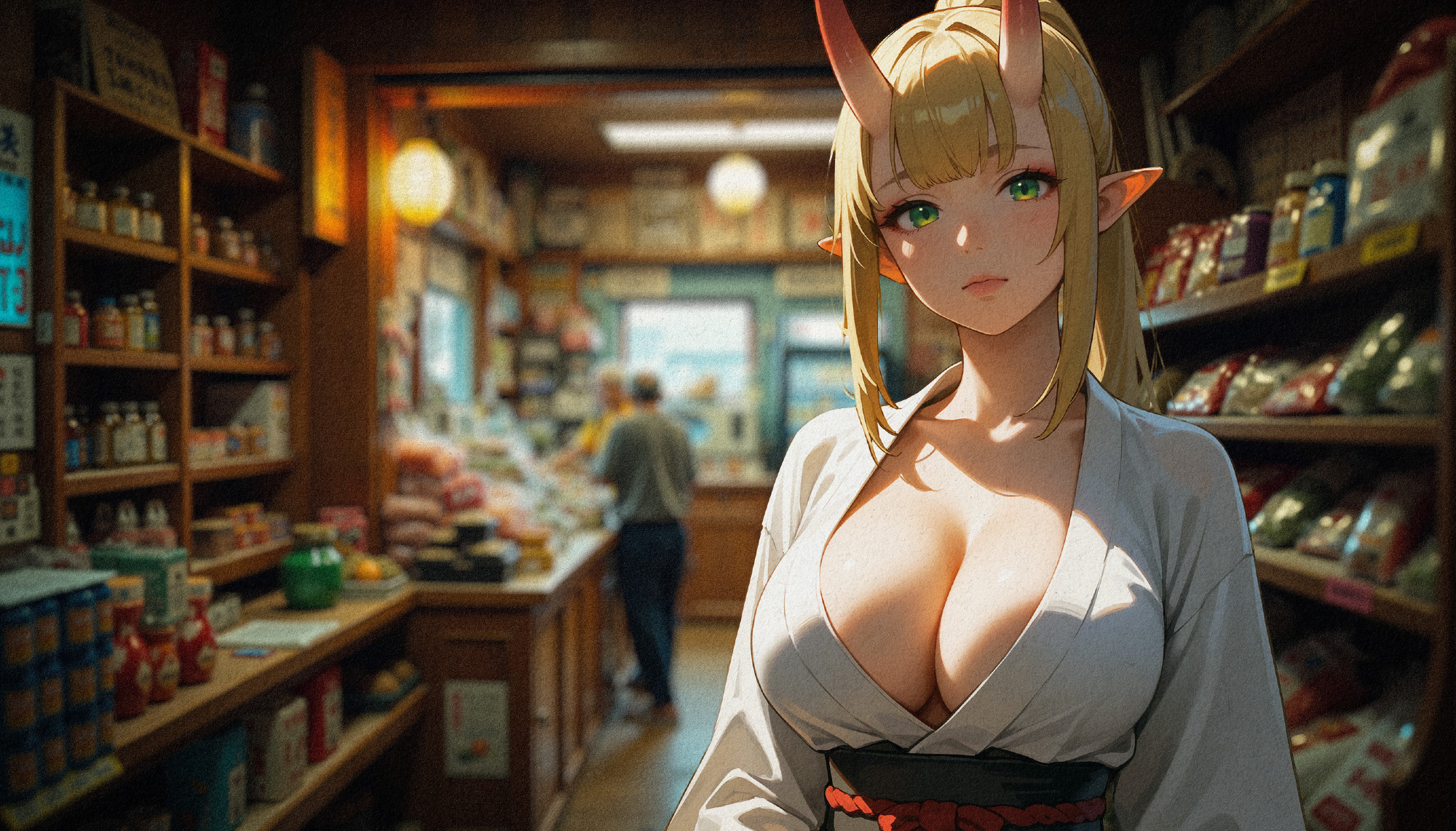 A simulated screenshot from a visual novel featuring a blonde oni girl in traditional Japanese clothes staring at you intently.