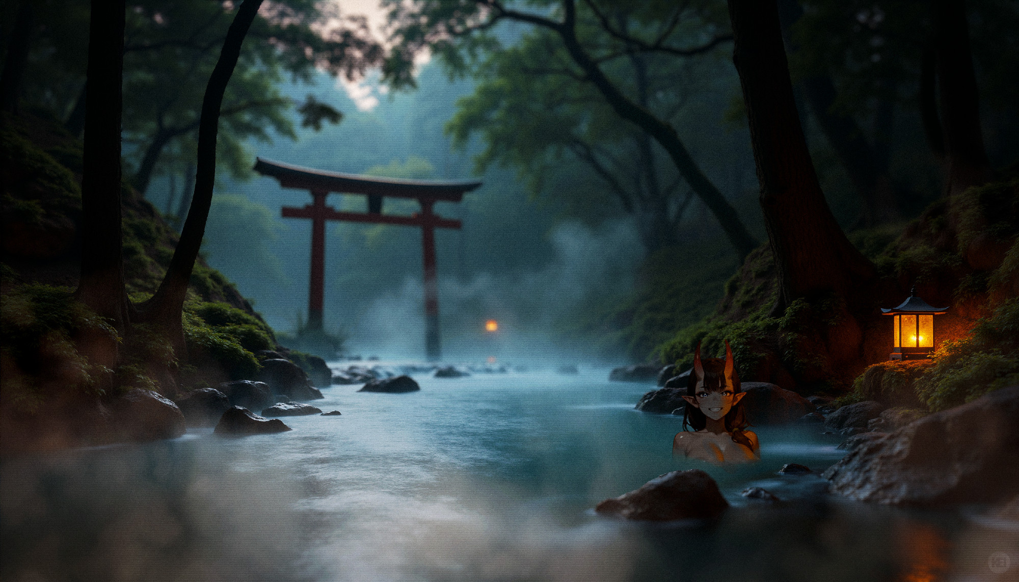 A serene outdoor onsen at twilight, steam rising from the water. A torii gate rises from the hot spring in the distance, and a grinning oni - illuminated by the orange lantern, beckons you to join her in the mineral-rich waters.