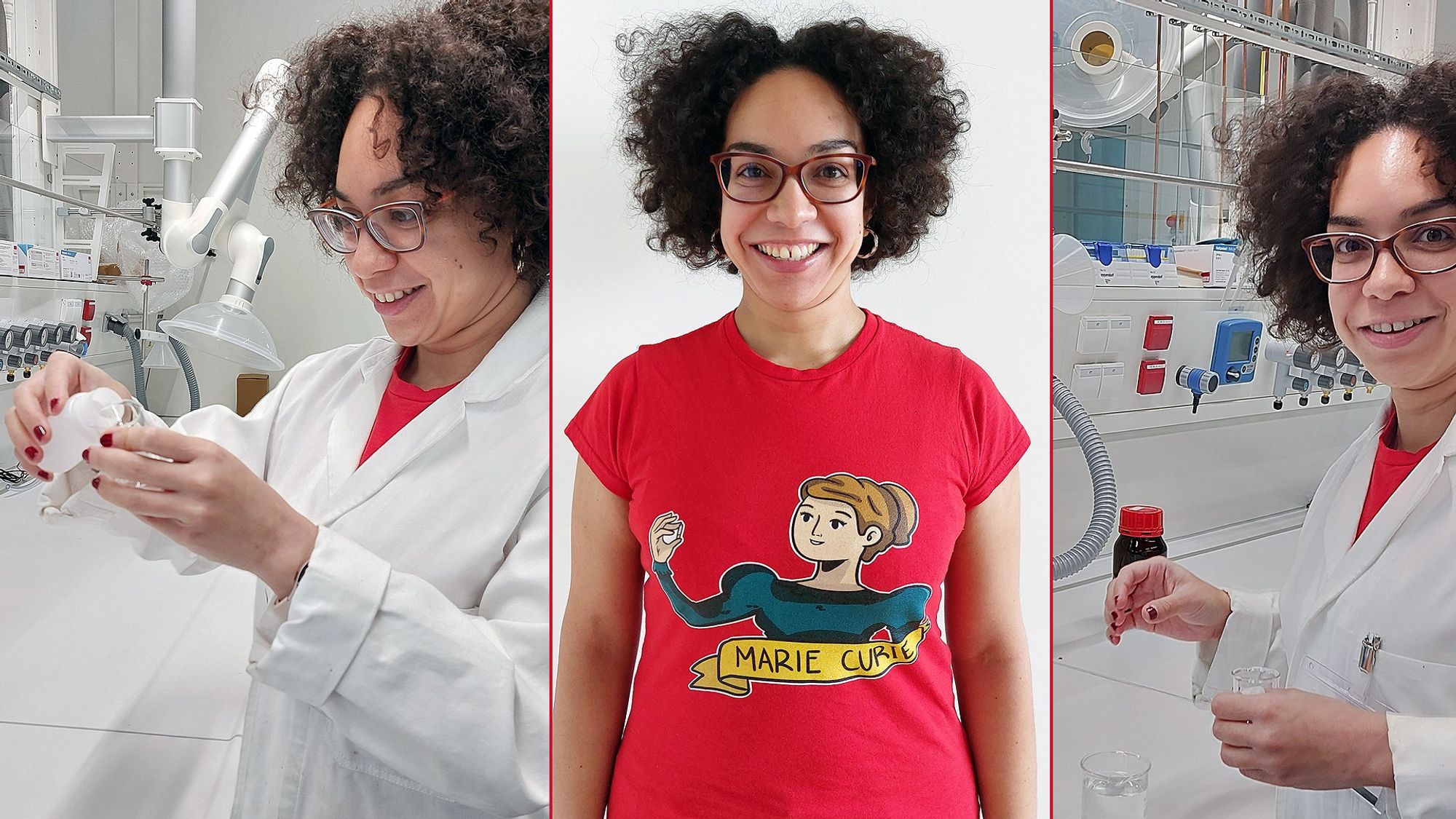 Three pictures arranged side by side show Maria Rita Ortega Vega in her laboratory and looking into the camera with a red T-shirt showing Marie Curie.