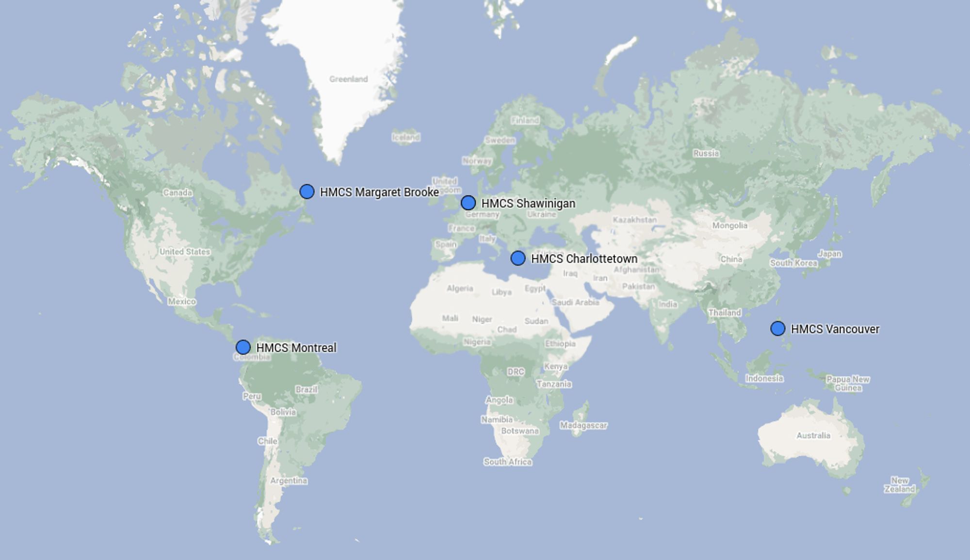 Map with blue dots showing the locations of the six deployed Royal Canadian Navy warships worldwide.