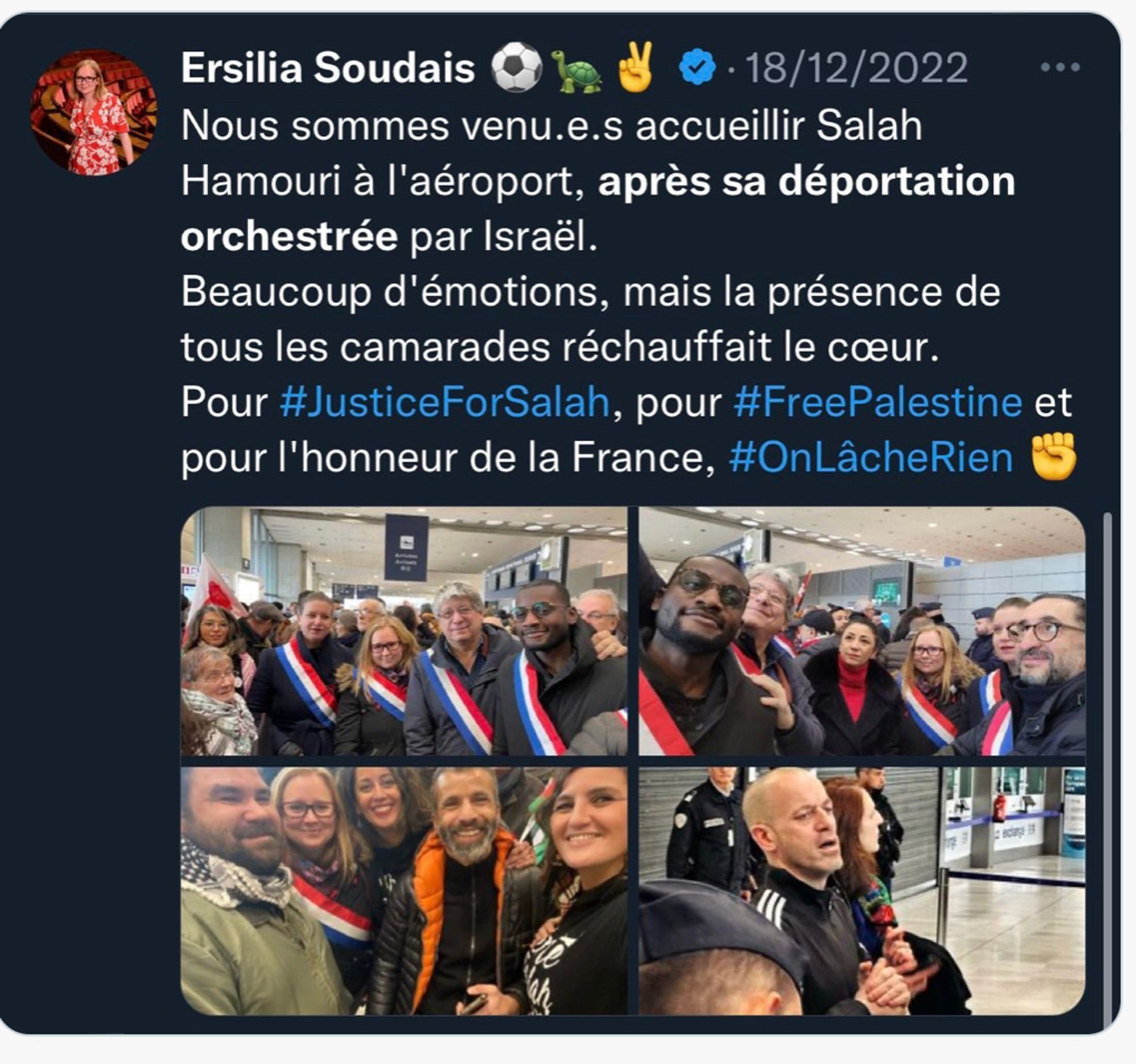 Photos d'une brochette de députés insoumis attendant Salah Hamouri à l'aéroport "après sa déportation" écrit Ersilia Soudais dans ce tweet. 2022.