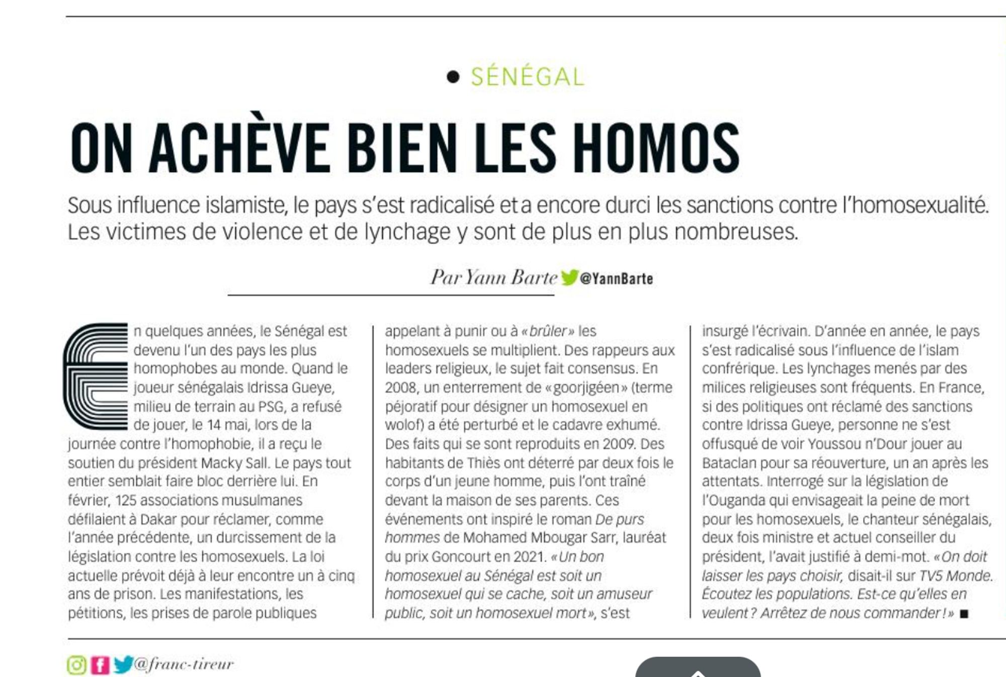 Article de Franc-Tireur, "Sénégal : On achève bien les homos"