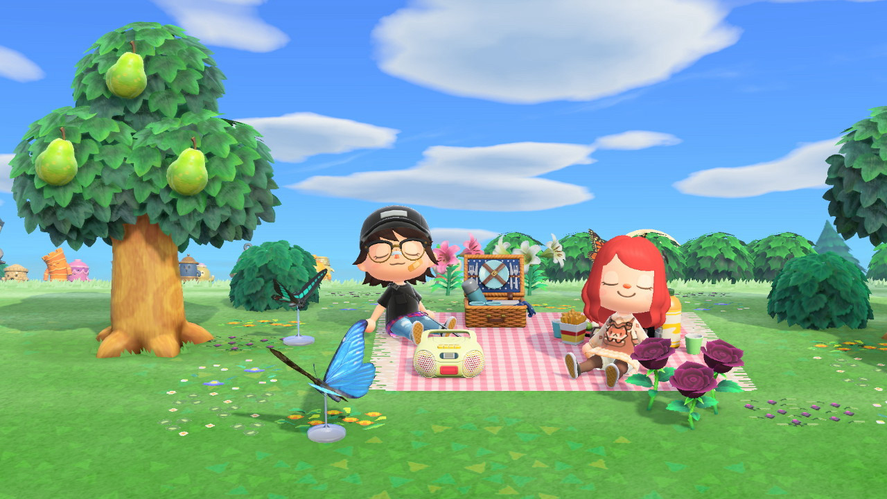 animal crossing new horizons screenshot of me and mf gf having a picnic ingame 