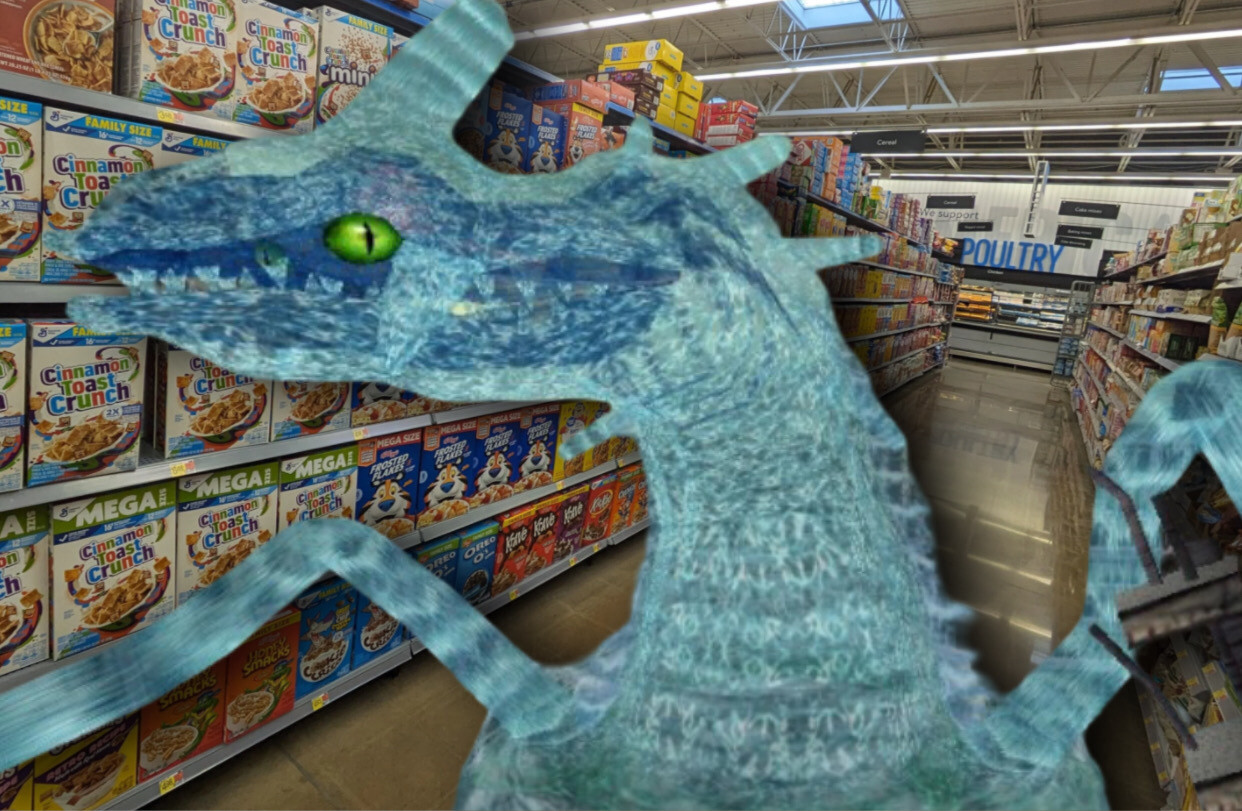 Perfect Chaos from Sonic Adventure DX
in the cereal aisle of a grocery store yeah