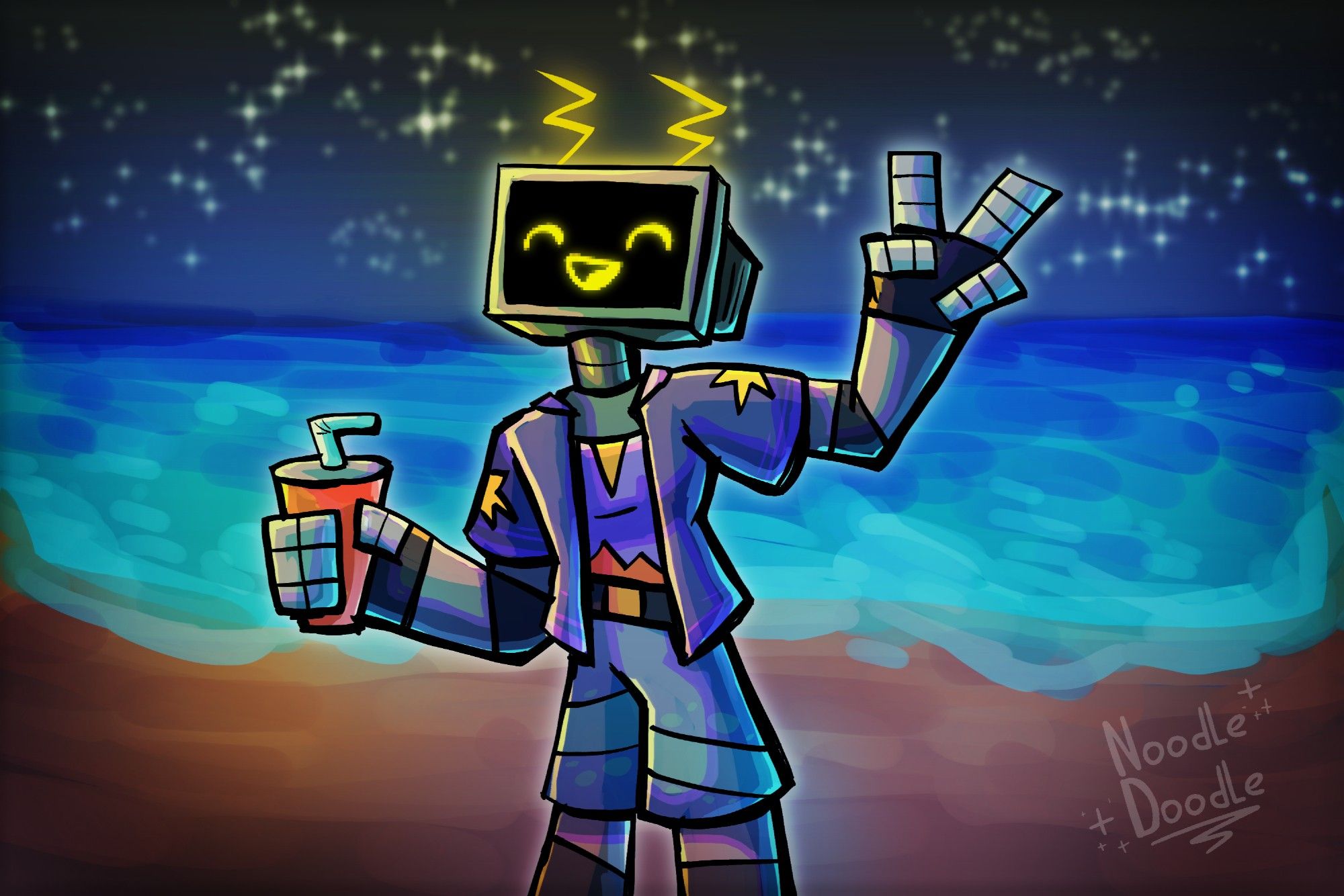 A star-themed TV-head robot standing on a beach in front of a sea at night. The sky is covered with stars. The robot looks happy, they're holding a drink and are showing a piece sign. They are wearing shots, a shirt anda button up