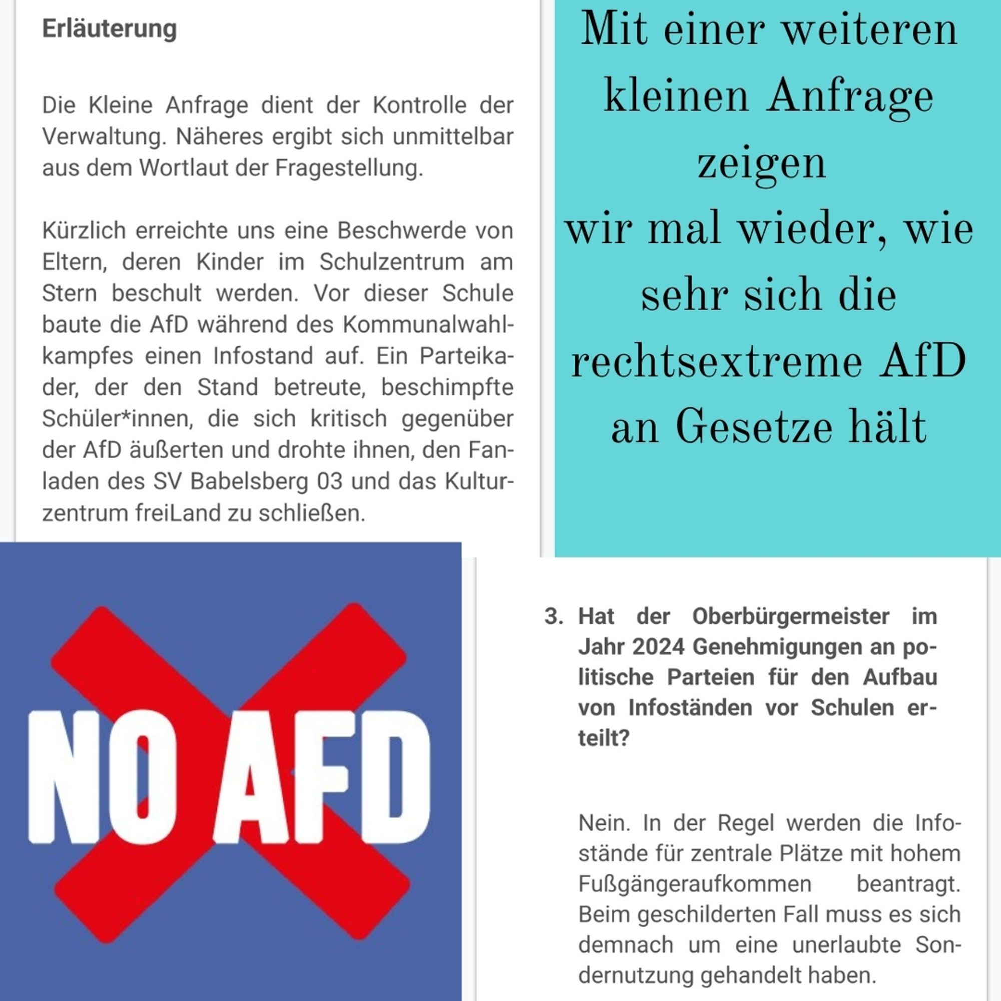 Textauszüge aus der verlinkten kleinen Anfrage und ein NoAfD Sticker