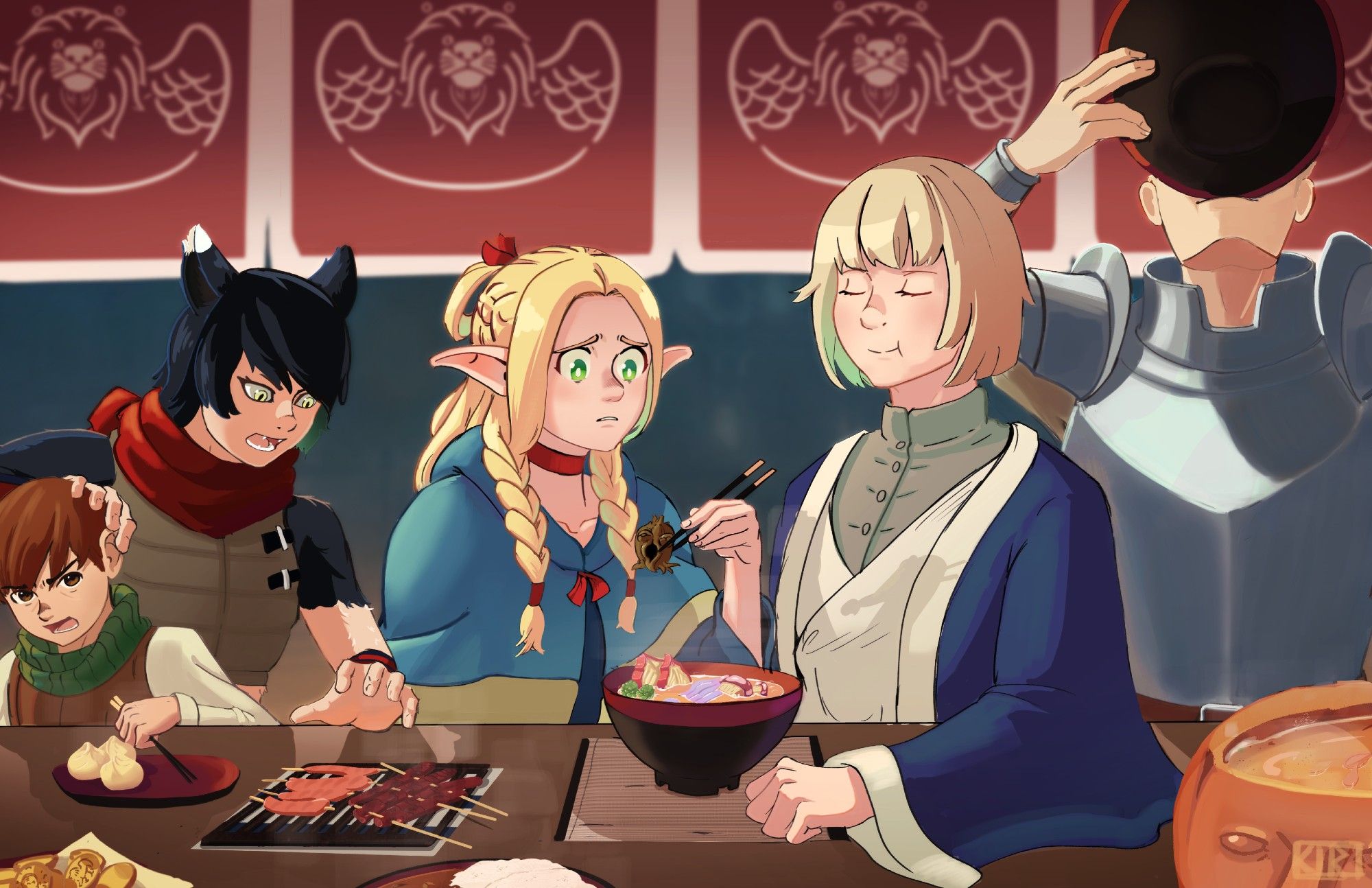 Fanart of the manga "Dungeon Meshi" with the characters chilchuck, izutsumi, marcille, farlyn, and laois eating at an izakaya type restaurant