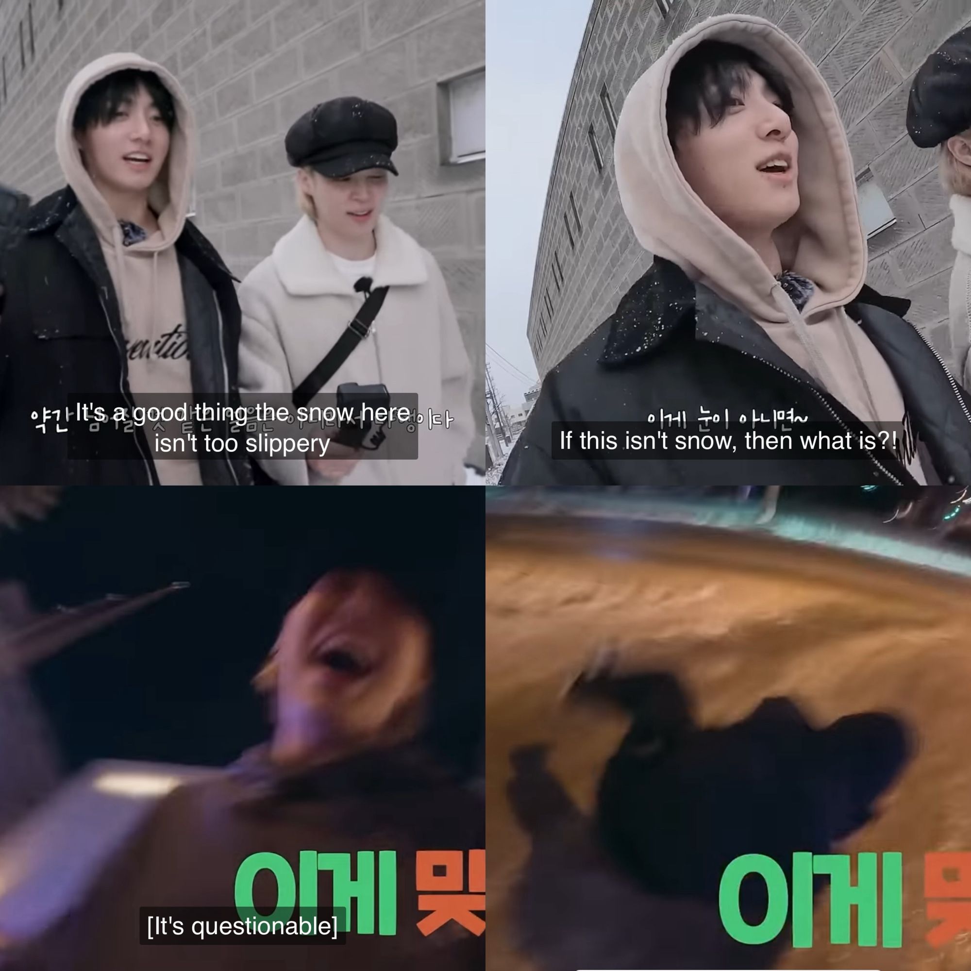 Sequence Jungkook and Jimin in winter gear, talking about the snow. The last one is Jungkook slipping on it.