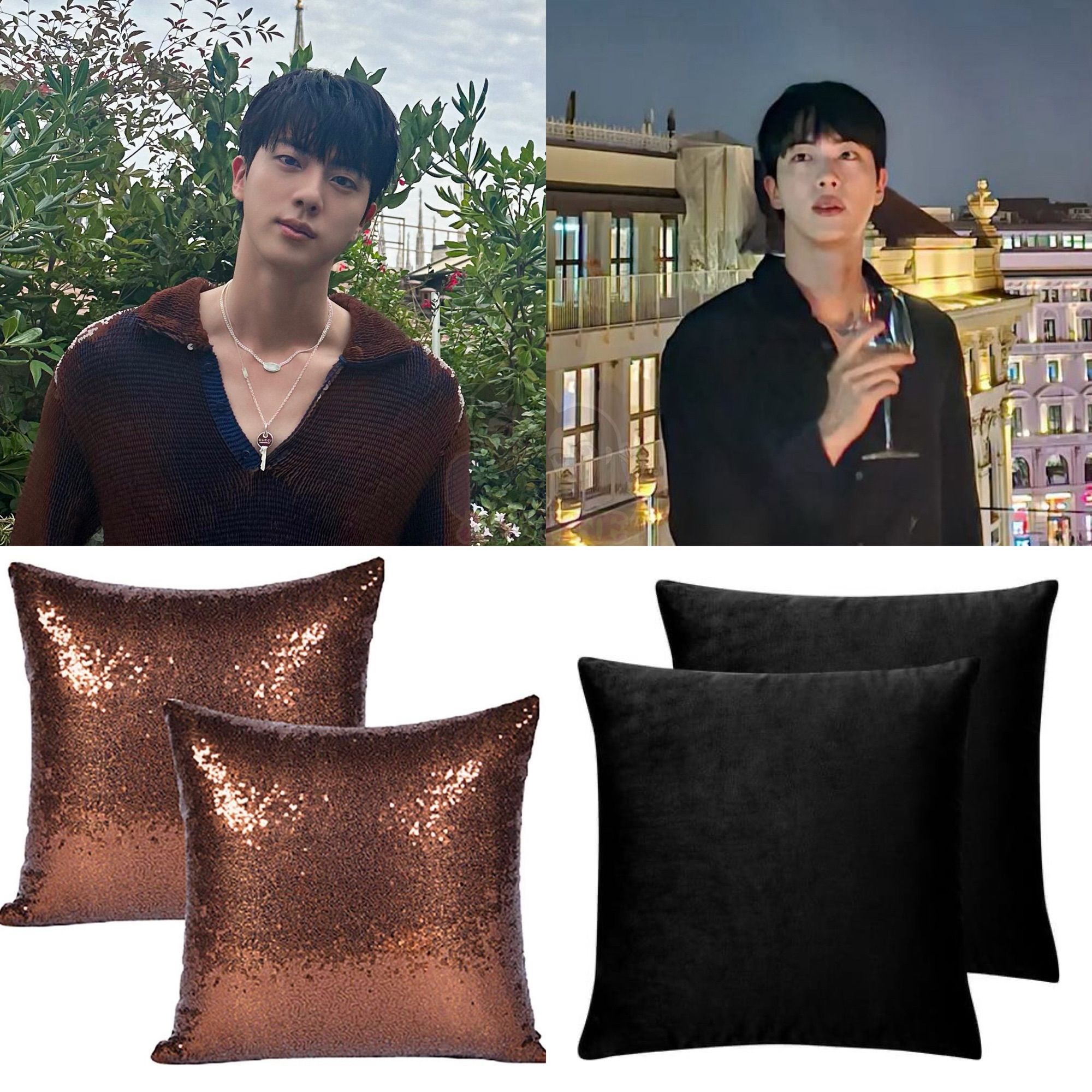 Side by side photos of Seokjin, one in sequined top and the other in velvet top. Below are photos of throw pillows with the same textured fabric.