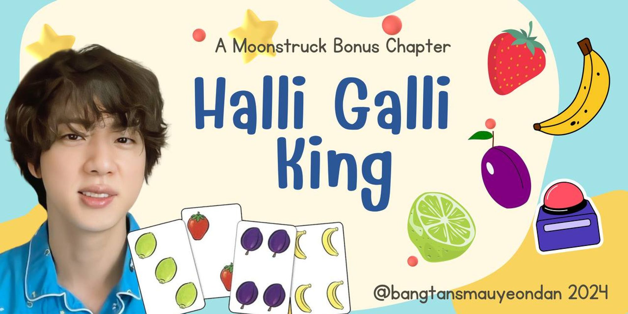 banner with seokjin's face and halli galli fruitpunch game graphics.