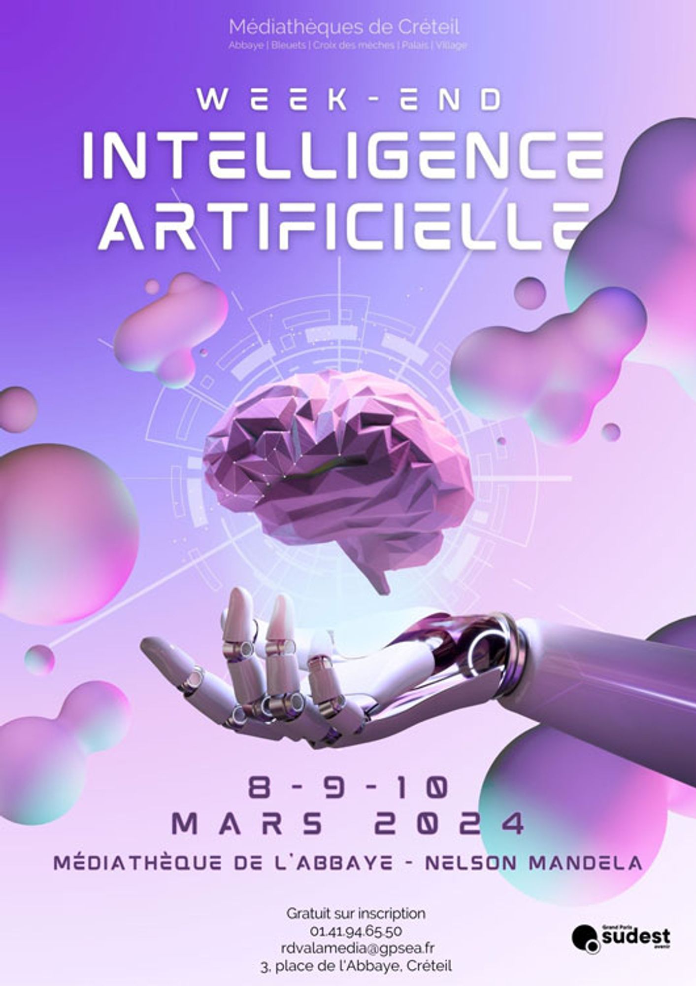 une affiche pour un Week end intelligence Artificielle à la médiatheque de l'Abbaye - Nelson Mandela à Créteil
on y voit une image stylisée, dans des teintes pastel roses et violette, d'un cerveau humain supporté par une main robotique