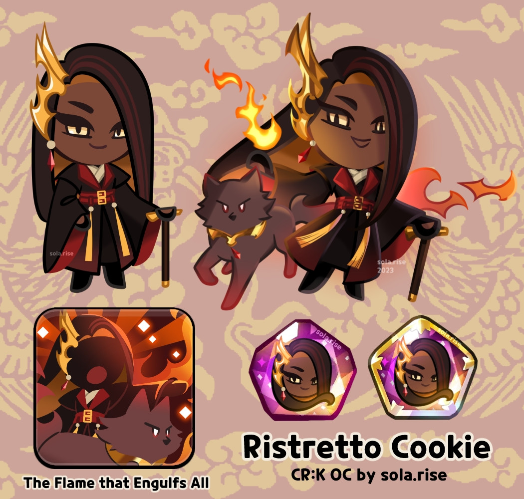 The image depicts a Cookie Run: Kingdom OC by sola.rise named Ristretto Cookie. Ristretto Cookie is an adult male Cookie with dark brown skin and hair, dressed in black and red hanbok. The image includes Ristretto Cookie's sprite, gacha illustration, skill card, and soulstone/soulcore. The text under the skill card reads "The Flame that Engulfs All".