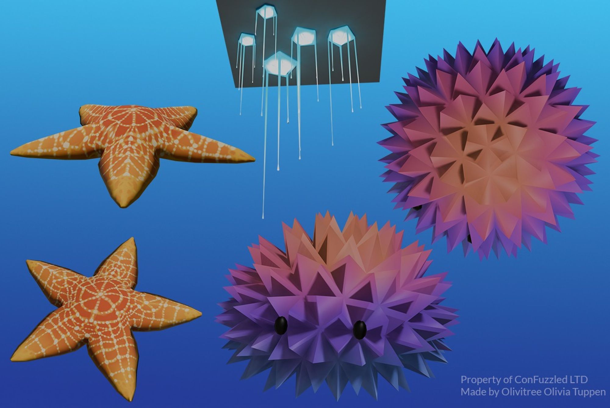 3d model renders of a starfish, sea urchin, and some blue growing roof danglies.