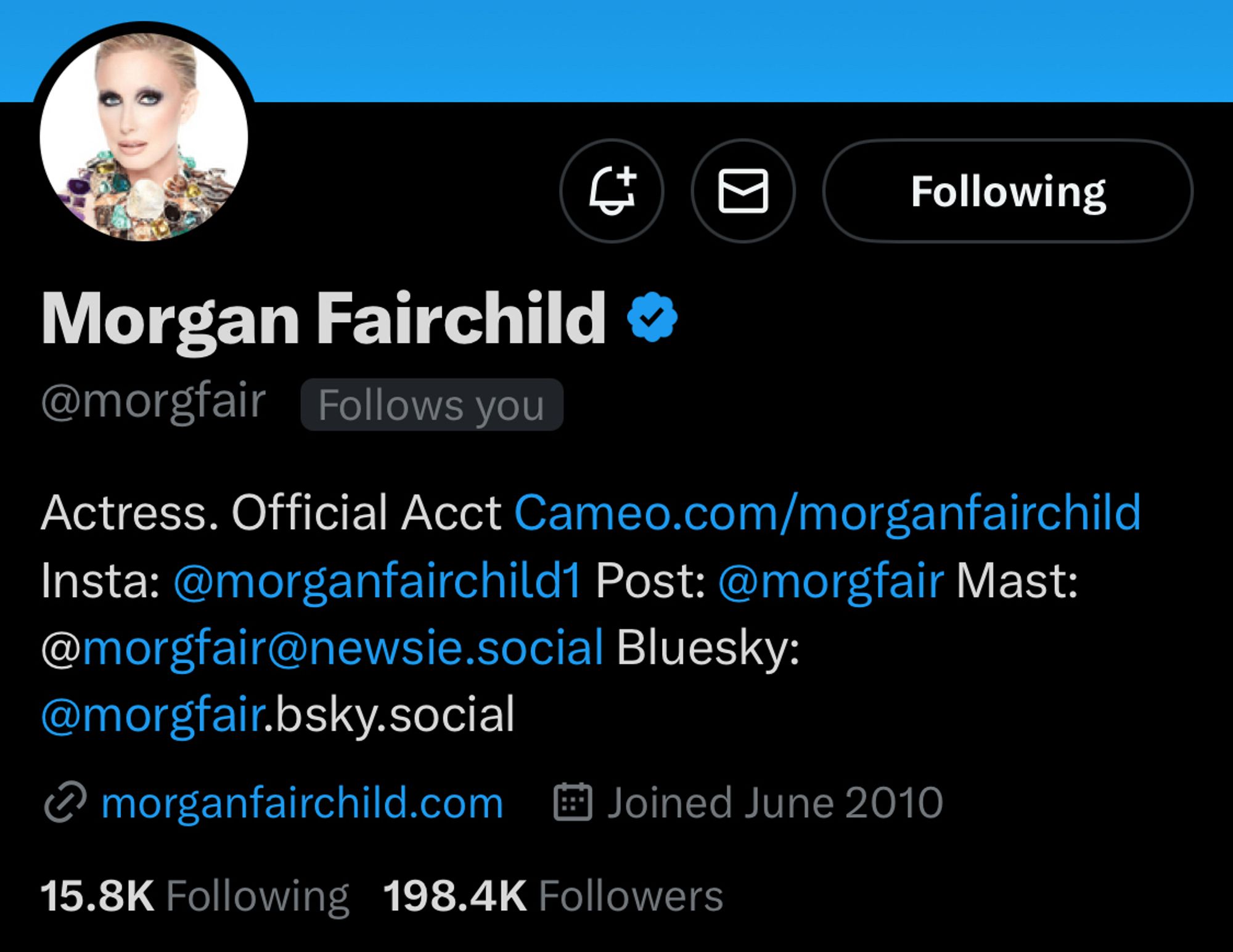 Screenshot of a Twitter profile for Morgan Fairchild, featuring a profile picture and details about her as an actress. The profile lists her social media handles, follower counts, and a link to her official website.