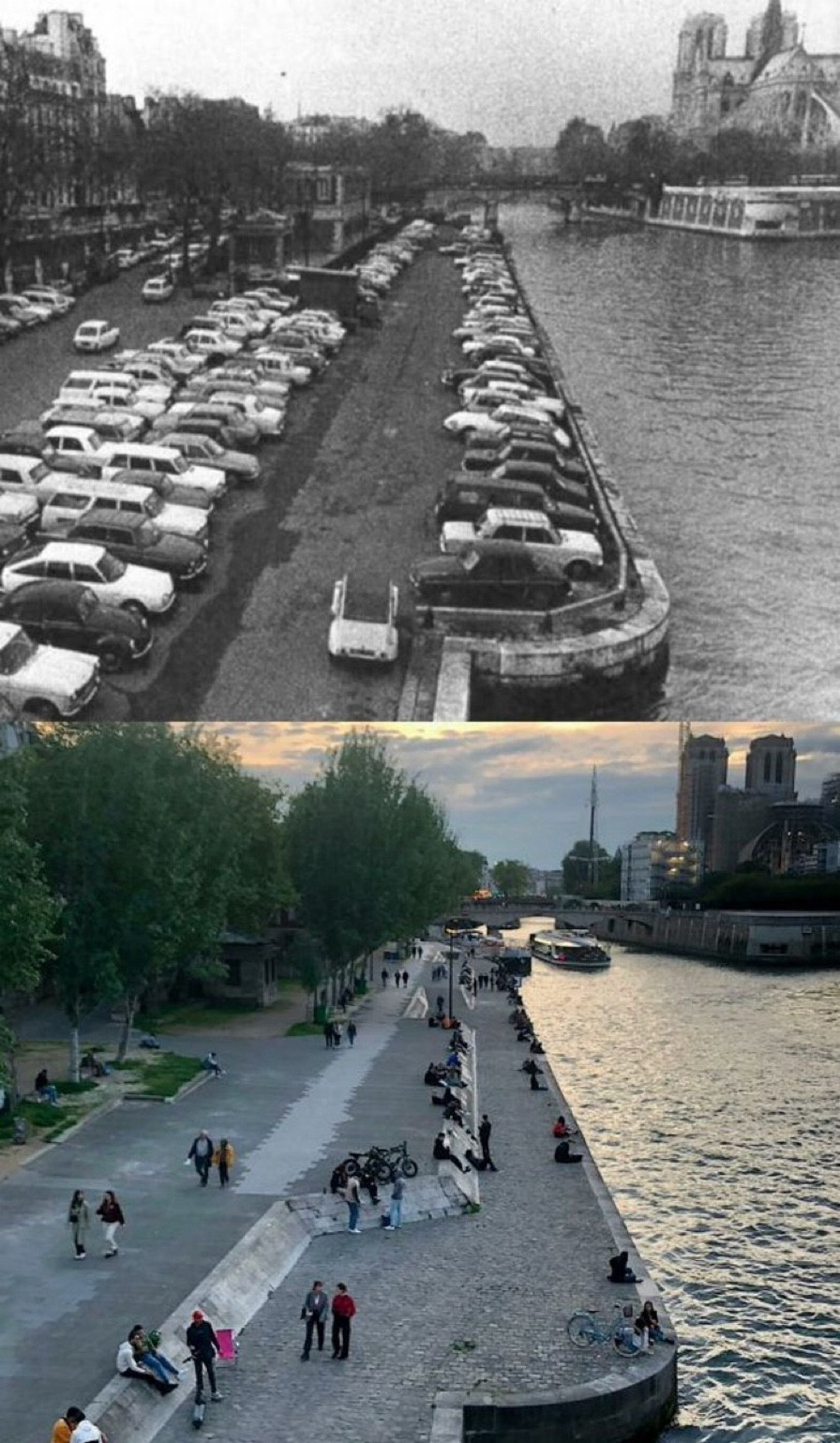 The image is a split view, with the top half showing a black-and-white historical photo of a busy riverside parking area filled with cars, and the bottom half displaying a modern color image of the same location transformed into a pedestrian walkway, featuring people enjoying themselves.