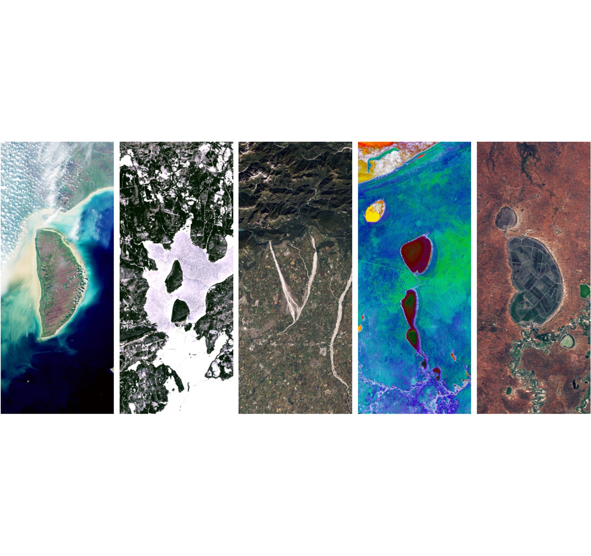 A series of five satellite images showcasing diverse landscapes: an island with turquoise waters, a snowy terrain, mountainous regions with winding roads, colorful lakes, and a dry, arid area with circular features. More importantly, they spell out DAVID with their landscape images.