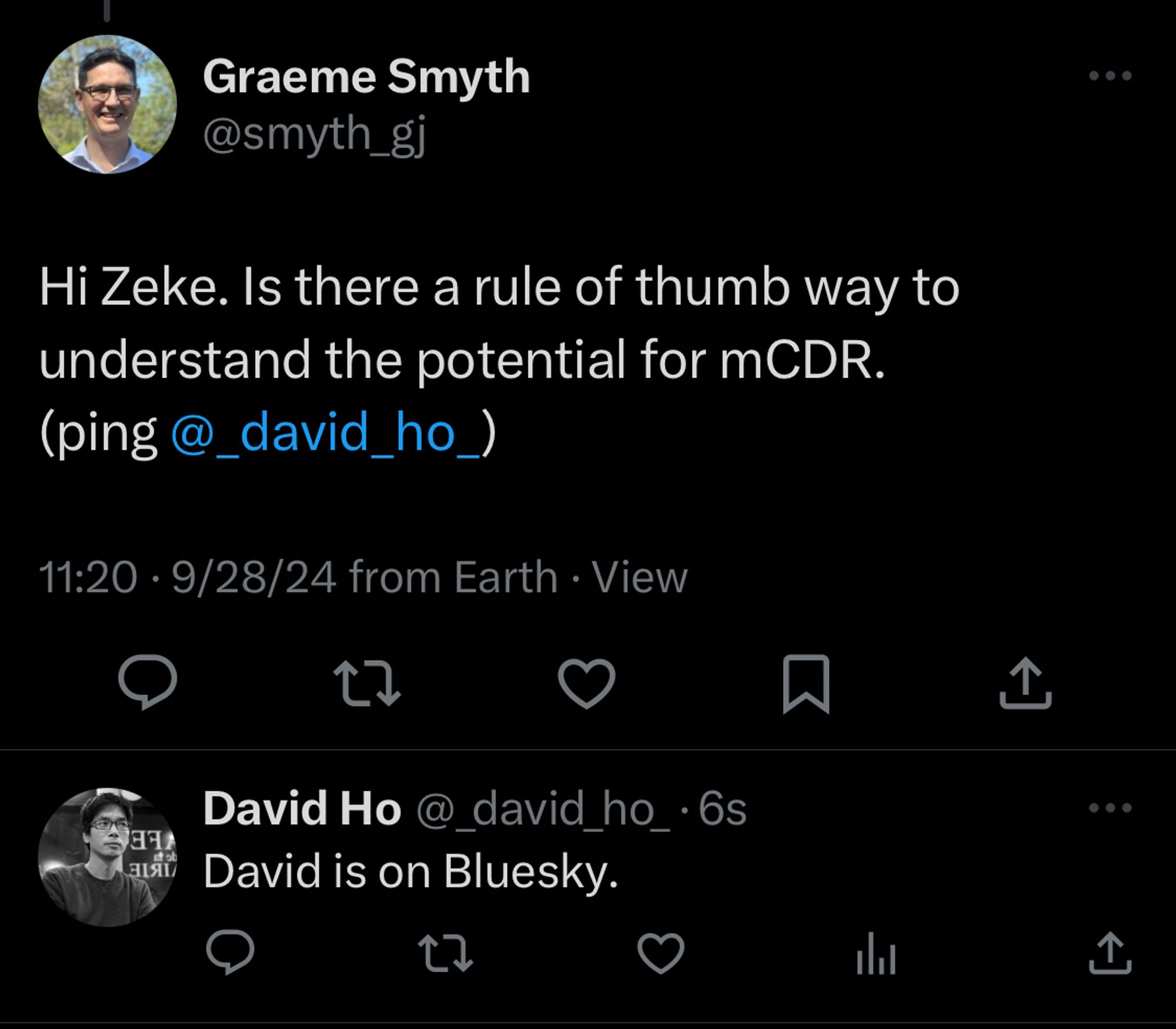 The image shows two tweets. The first tweet is from Graeme Smyth asking about understanding the potential for mCDR, mentioning David Ho. The second tweet is from David Ho stating that he is on Bluesky.