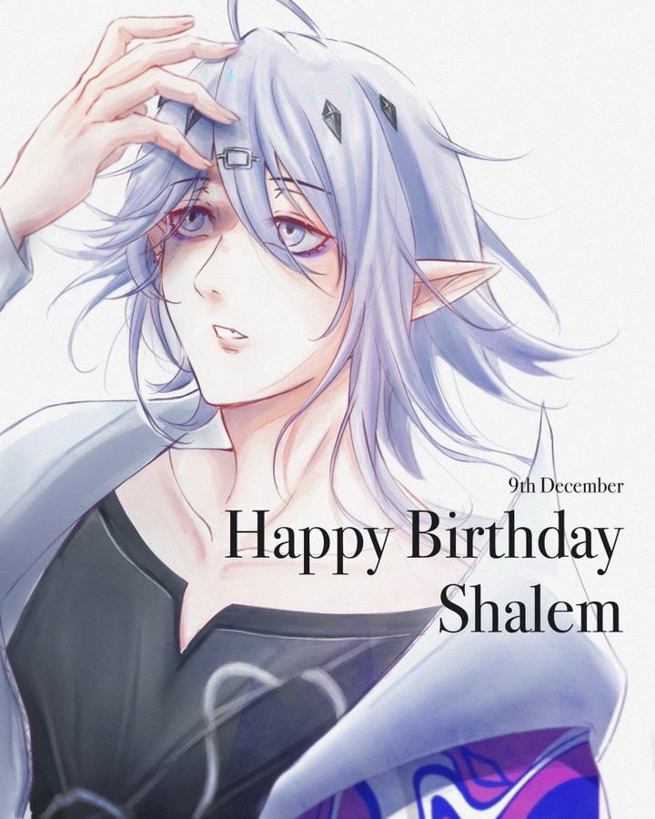 Shalem (Arknights) in his Fruition skin. Shalem is shielding his face from the blinding light. “Happy Birthday, Shalem” text written on his right side.