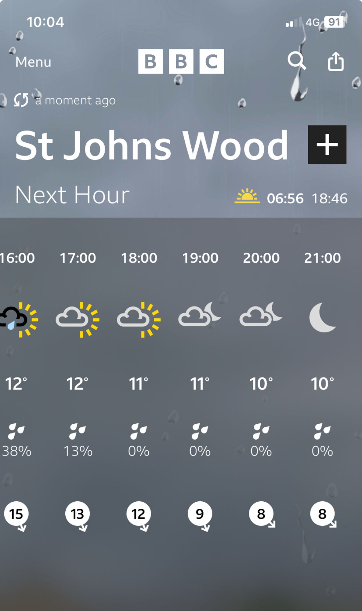 BBC weather forecast for St John’s Wood evening of 27 September. Dry after 17.00.