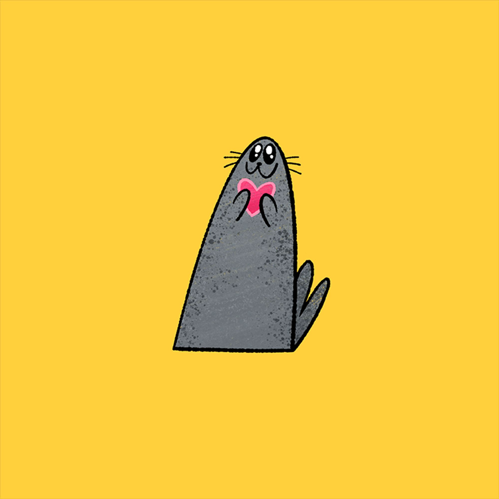 A stylistically simple gray seal on a yellow background. The seal is smiling and has very large eyes, and is holding a small pink heart in its front flippers to represent gratitude.