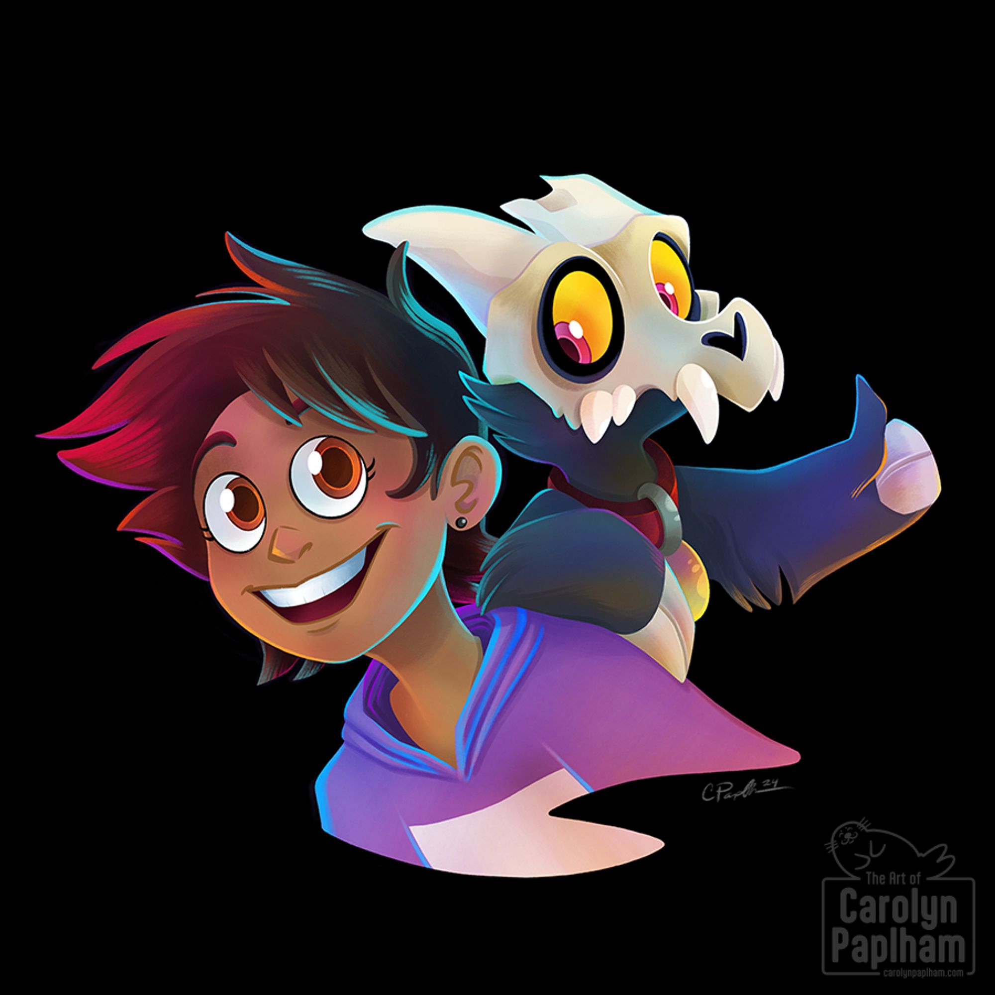 A digital painting of Luz and King from the animated show The Owl House. It is a portrait from the shoulders up, with Luz smiling and looking directly at the viewer, and King leaning on her shoulder and looking down at Luz fondly while giving a thumbs-up gesture. The lighting is multicolored as though they are in a setting with many colored lights—like a magical one.