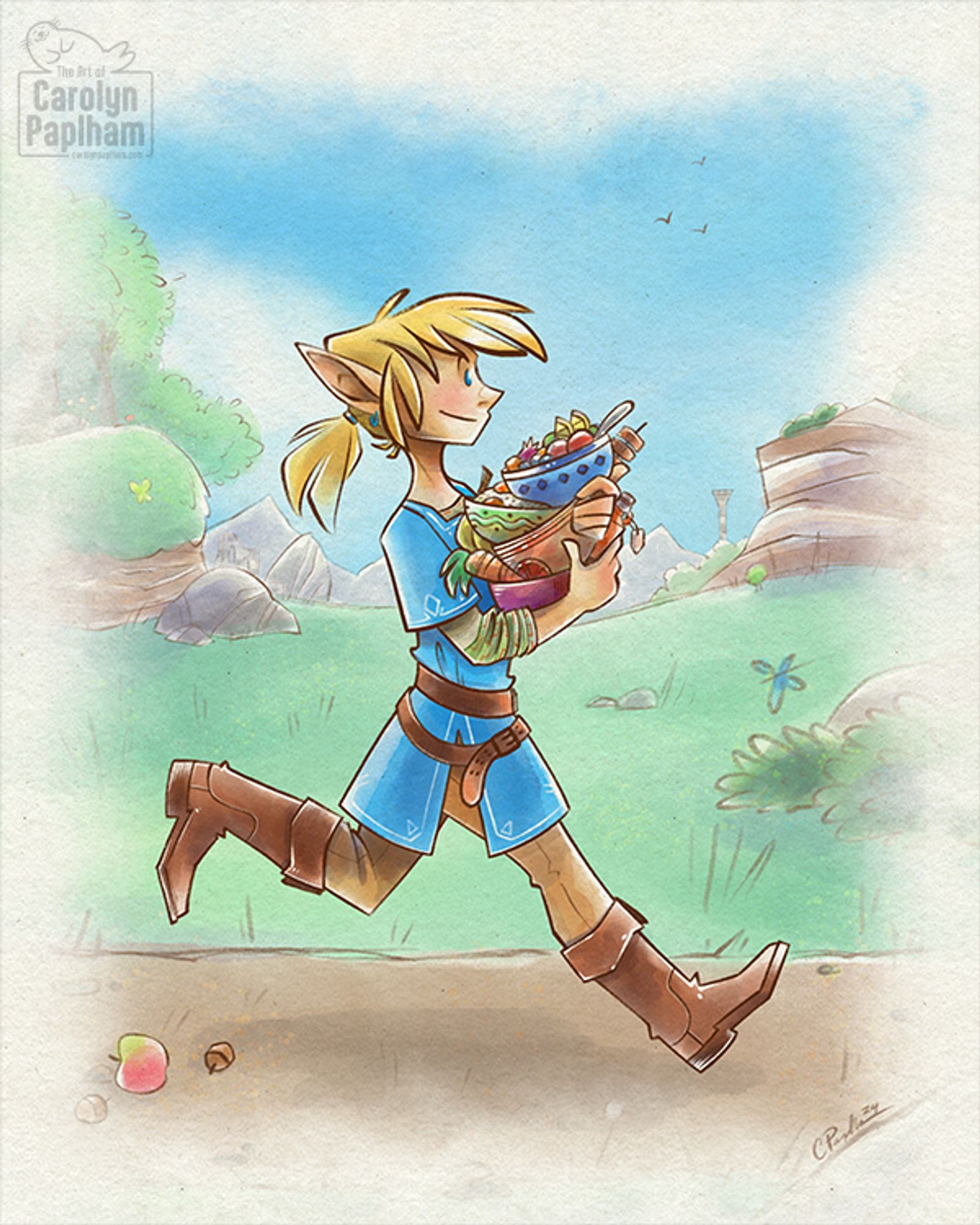 A digital-watercolor style portrait of the character Link from Legend of Zelda: Breath of the Wild. He is small and elf-esque, with pointed ears and blond hair pulled back into a ponytail. He is wearing a blue tunic, tan trousers and brown boots. He is walking energetically down a path while carrying several dishes of food. There is a natural landscape of trees, grass, bushes, rock formations, ruins, and mountains in the background.