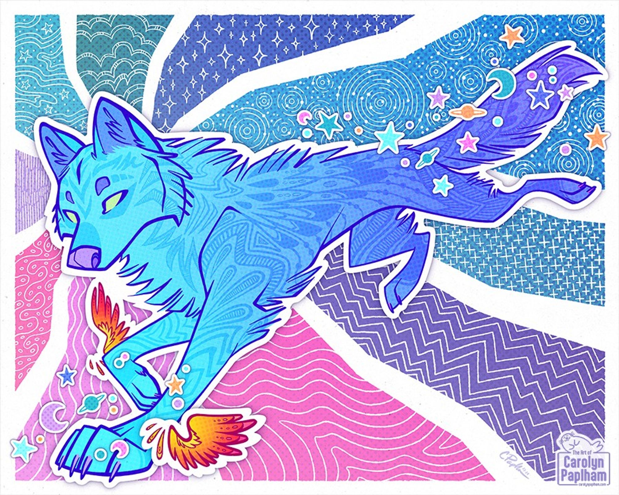 A brightly colored fantasy illustration of a wolf. The background is a series of patterned rays in pinks, purples and blues—they are arranged like the rays of the sun but in an abstracted manner. A blue and purple wolf is running into the foreground, and has a subtle abstract pattern in its fur. It also has small detached wings by its forpaws, and tiny stars, moons, and planets trailing from its paws like cosmic dust.