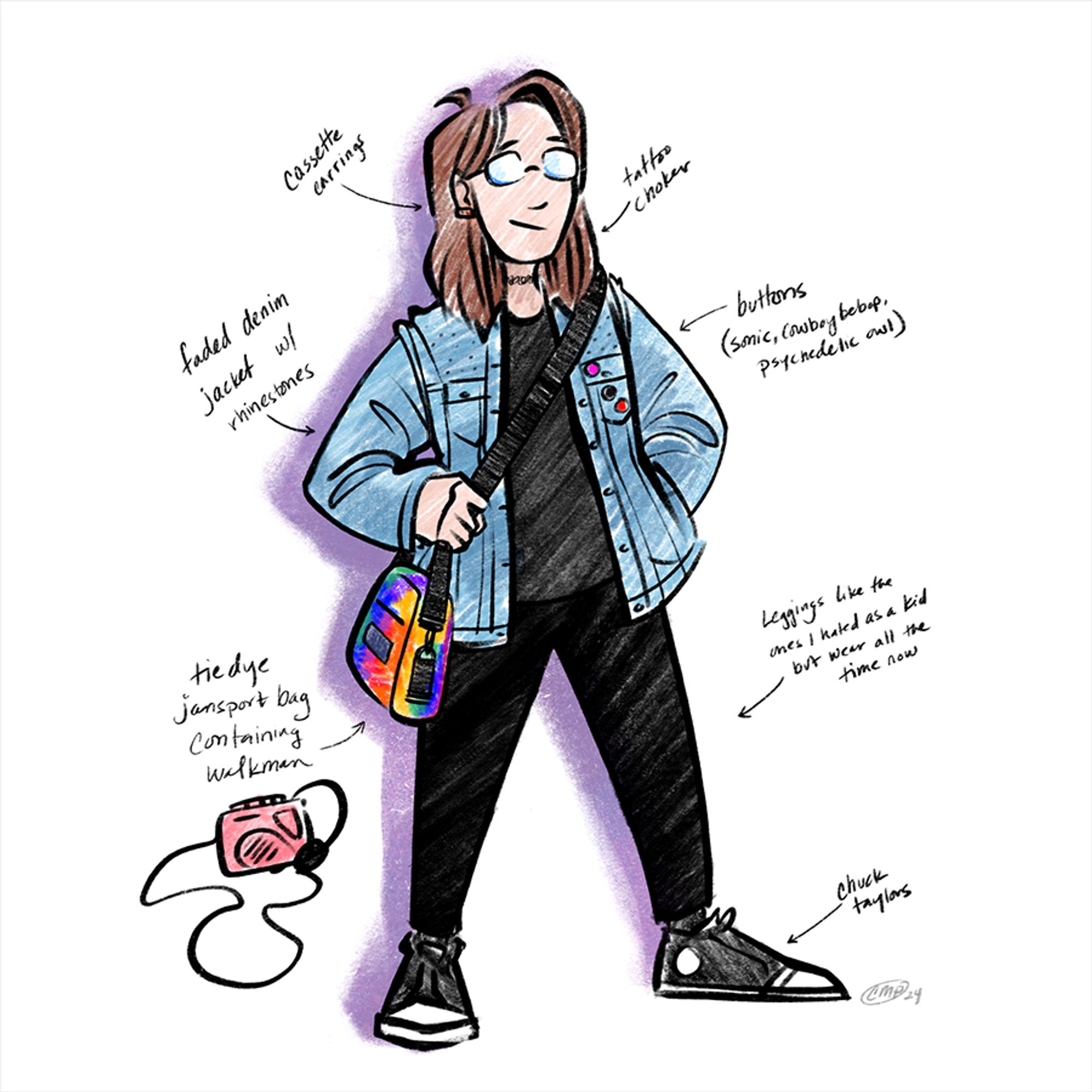 A full-body portrait of the artist, a short, brown-haired woman. She is wearing various ninties-nostalgia based articles of clothing and accessories: a faded denim jacket, a black t-shirt and black leggings, pin-back buttons on a jacket pocket, chuck taylor shoes, a tattoo choker necklace, and earrings that look like cassette tapes. She has a tie-dye crossbody jansport bag with a cassette walkman inside. The various elements are labeled like a diagram.