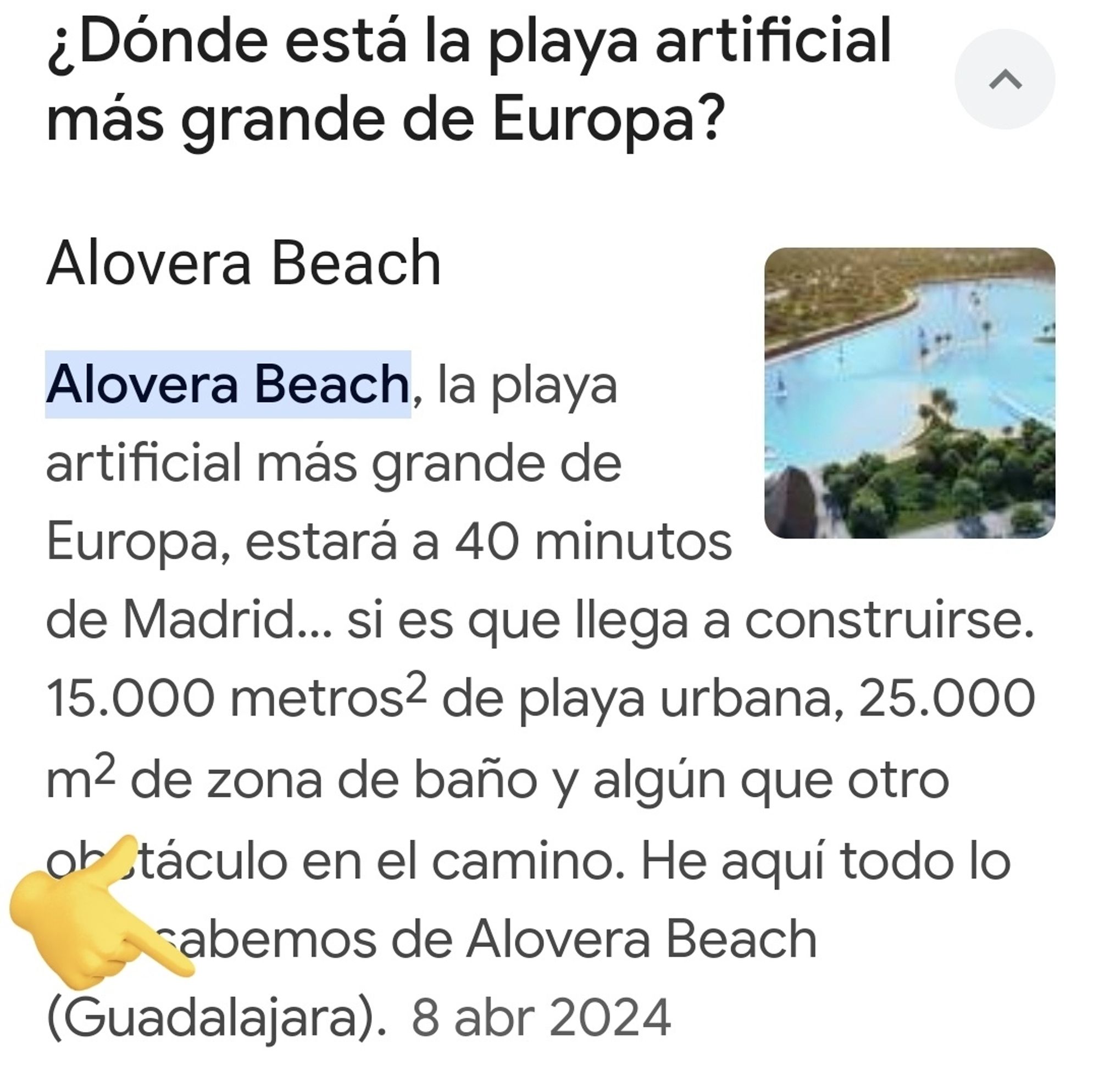 Titular 3: ¿Dónde está la playa artificial más grande de Europa?
Noticia: Alovera Beach, la playa artificial más grande de Europa, estará a 40 minutos de Madrid...si es que llega a construirse. 15.000 m2 de playa urbana, 25.000 m2 de zona de baño y algún que otro obstáculo en el camino. He aquí todo lo que sabemos de Alovera Beach (GUADALAJARA)