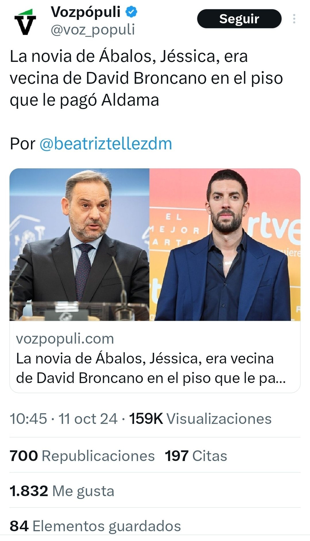 Titular del panfleto Vozpópuli, ilustrado con una foto del exministro Ábalos y el presentador de televisión David Broncano: 
"La novia de Ábalos, Jéssica, era vecina de David Broncano en el piso que le pagó Aldama"
Un poco como diciendo "David Broncano está ganando al enano envidioso porque está metido en la trama de corrupción de Koldo" 