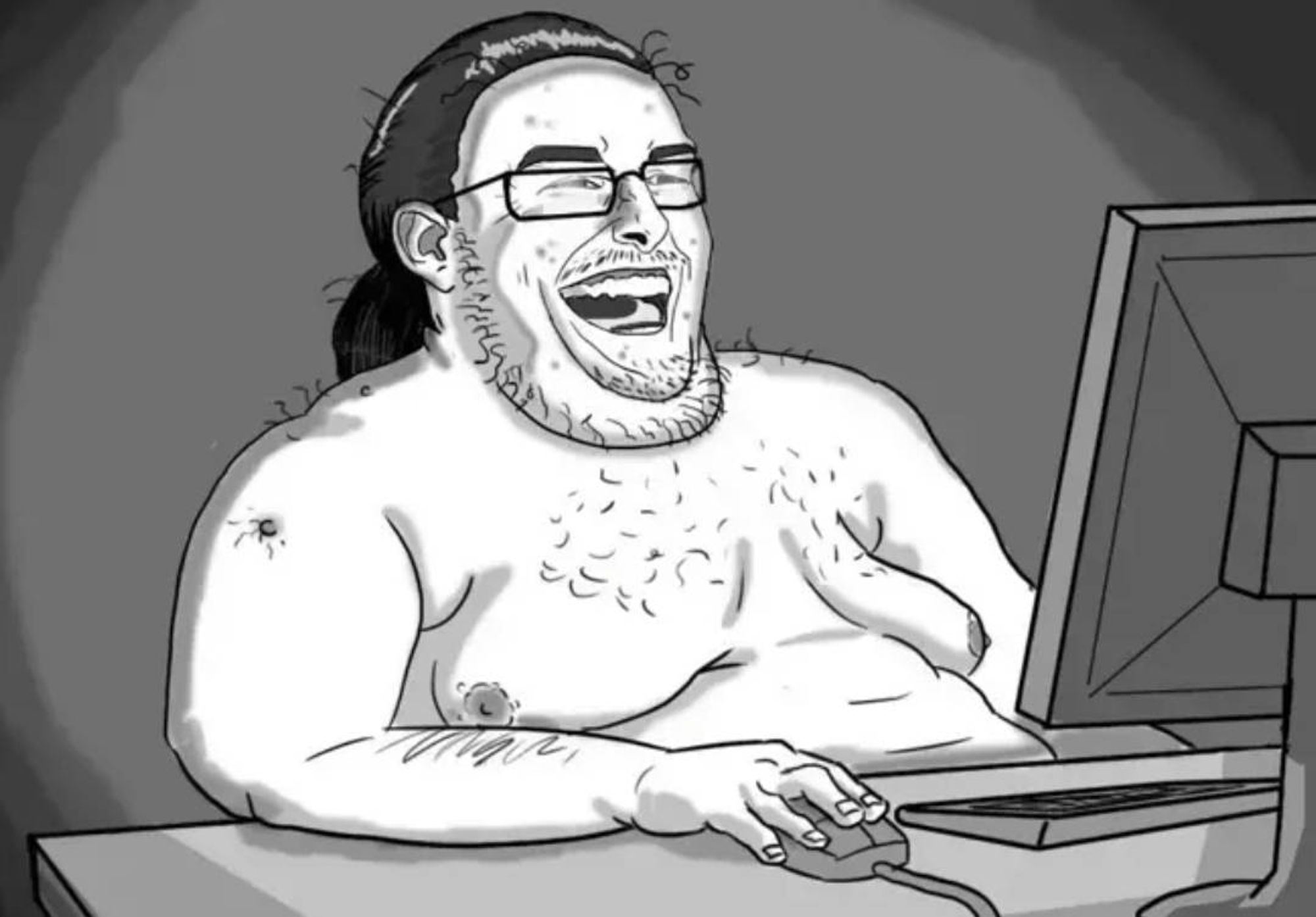 Dibujo de un troll en internet: un hombre poco agraciado, obeso, sin camisa ni camiseta, ante un ordenador, burlándose de alguien.