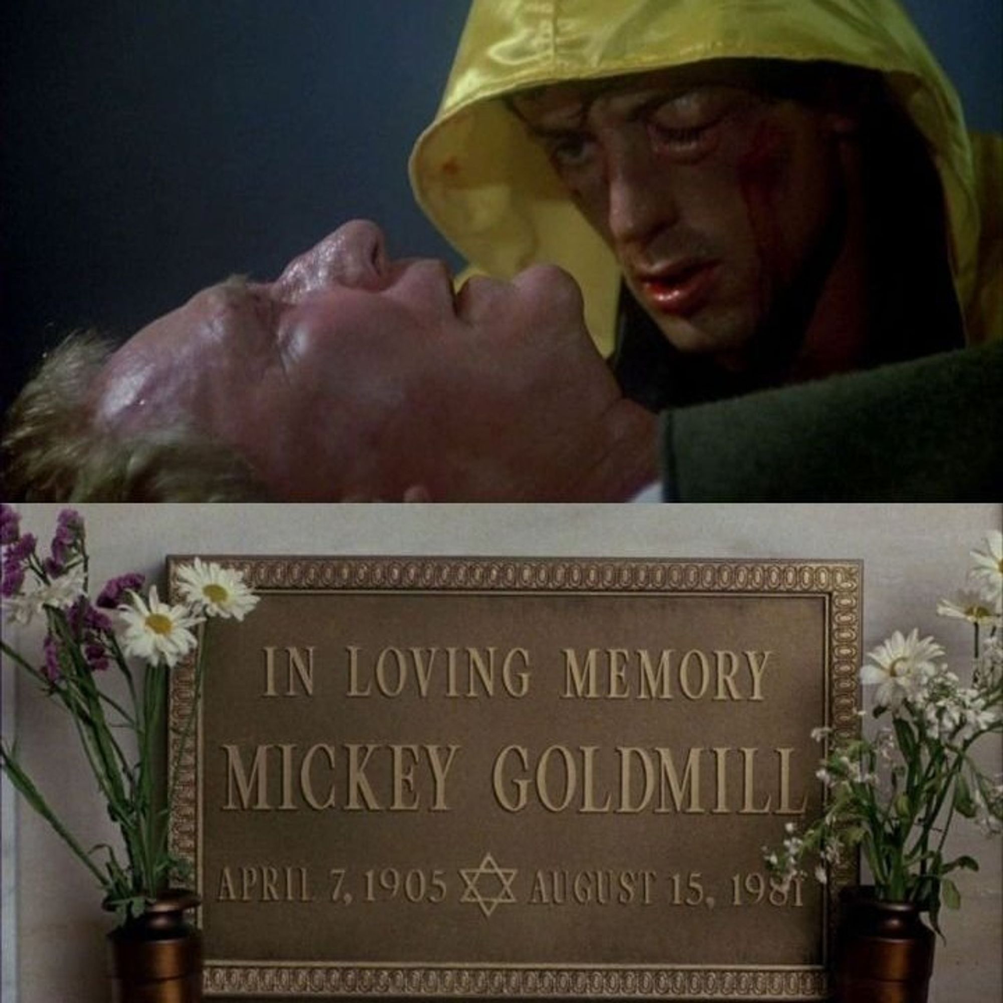 2 Screens from the movie. First, Rocky with a heavily beaten face looks over the body of his trainer Mikey, which is lying down. Second, a close up of a funeral plaque which says "In Loving Memory Mickey Goldmill April 7, 1905 - August 15, 1981"