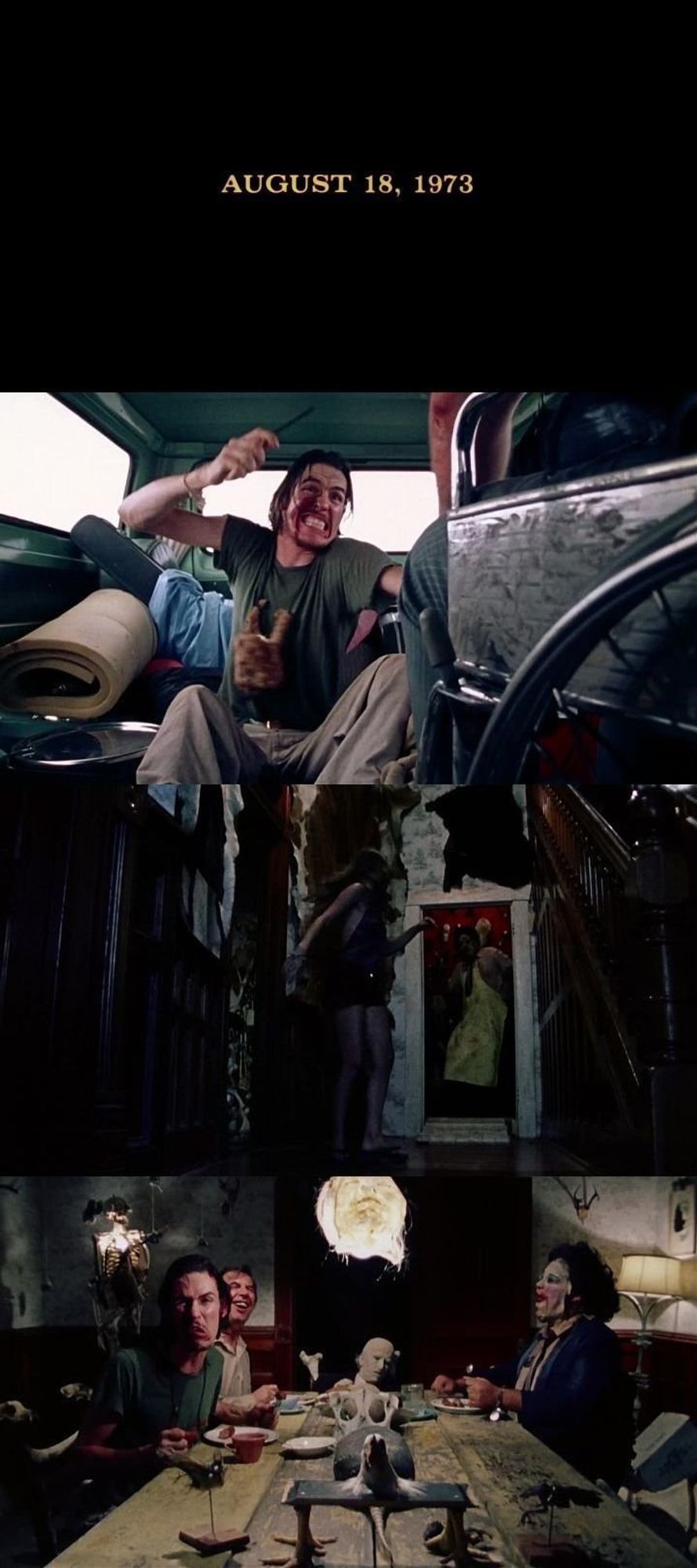 4 Screenshots from the movie. First, a black screen with "August 18, 1973" written on it. The other 3 are famous scenes from the movie. The hitchhiker in the van, Leatherface opening the door scaring a girl and the family sat around the dinner table