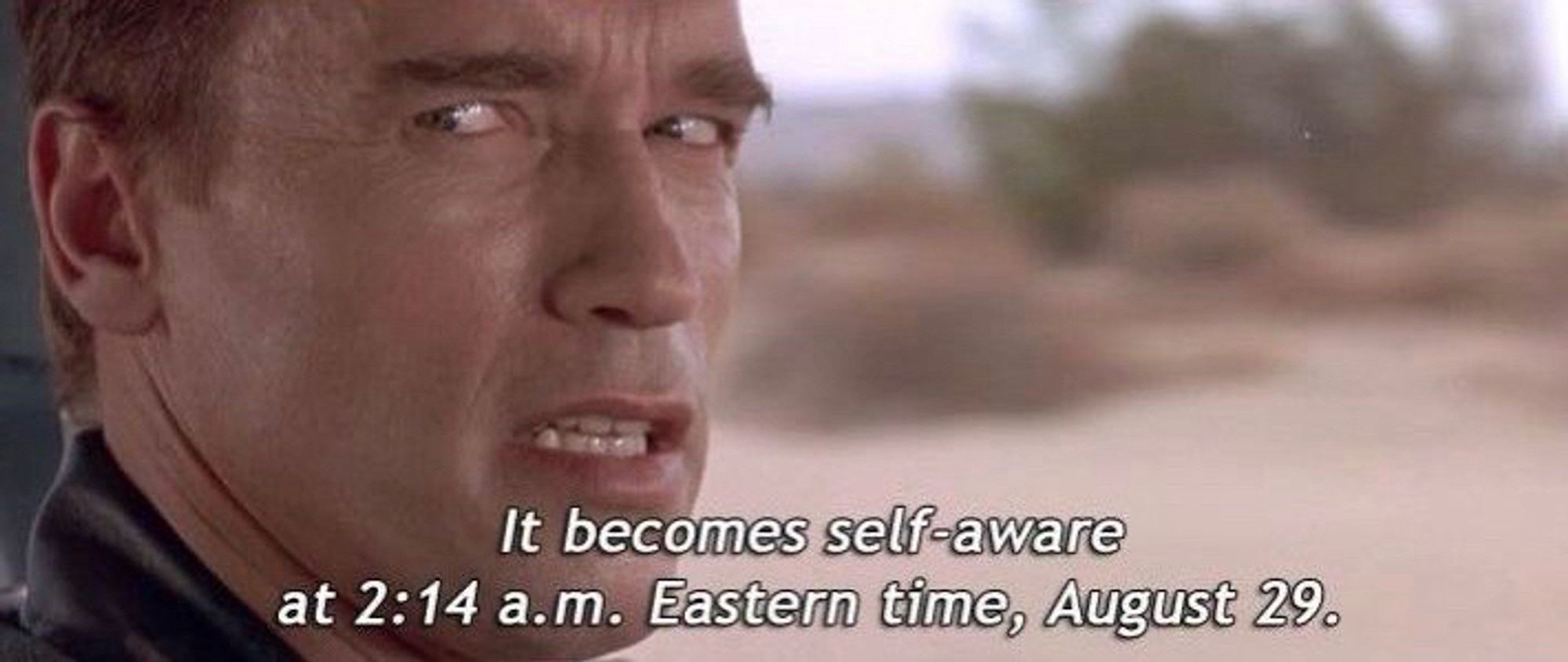 A screenshot from the movie with the terminator saying “it becomes self aware at 2:14am Eastern time, August 29