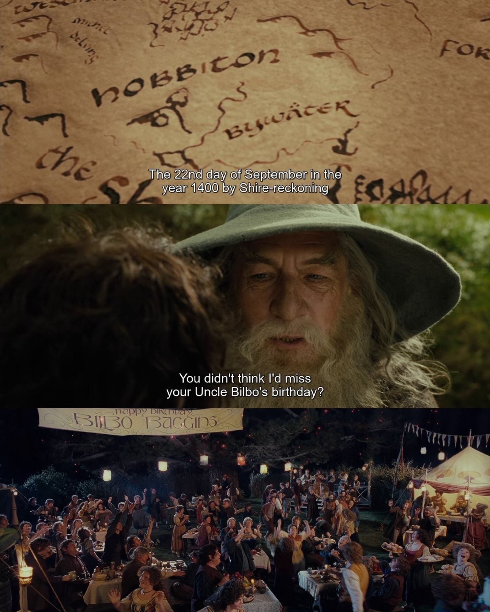 3 Screens from the movie. First, a close up of a map with the caption "The 22nd day of September in the year 1400 by Shire reckoning". Second, A close up of a bearded wizard talking to another person. They are saying "You didn't think I'd miss your Uncle Bilbo's birthday?". Third, an overhead shot of an outside party with the banner "Happy Birthday Bilbo Baggins"