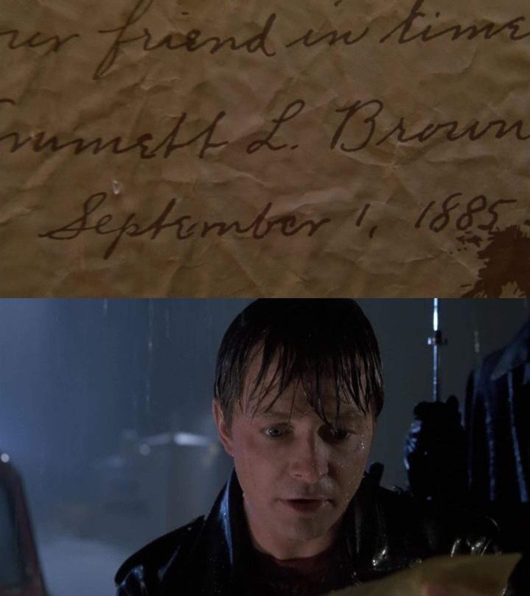 2 screens from the movie. First, a close up of an old letter, signed "Emmett L. Brown" and dated September 1, 1885. Second, a young man wet from the rain, reading the letter