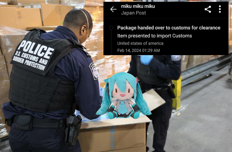 hatsune miku plush toy being interrogated by us customs