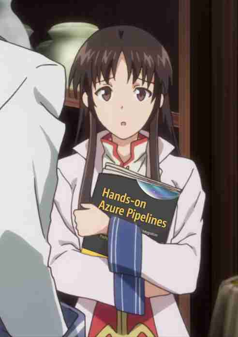 Takanashi Sei from the anime The Saint's Magic Power is Omnipotent holding a book title "Hands-on Azure Pipelines" while looking surprised.