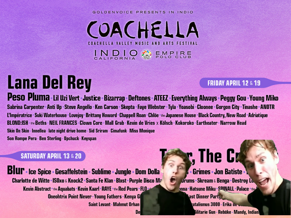 listing of the coachella 2024 lineup, with two jermas pointing at Hatsune Miku