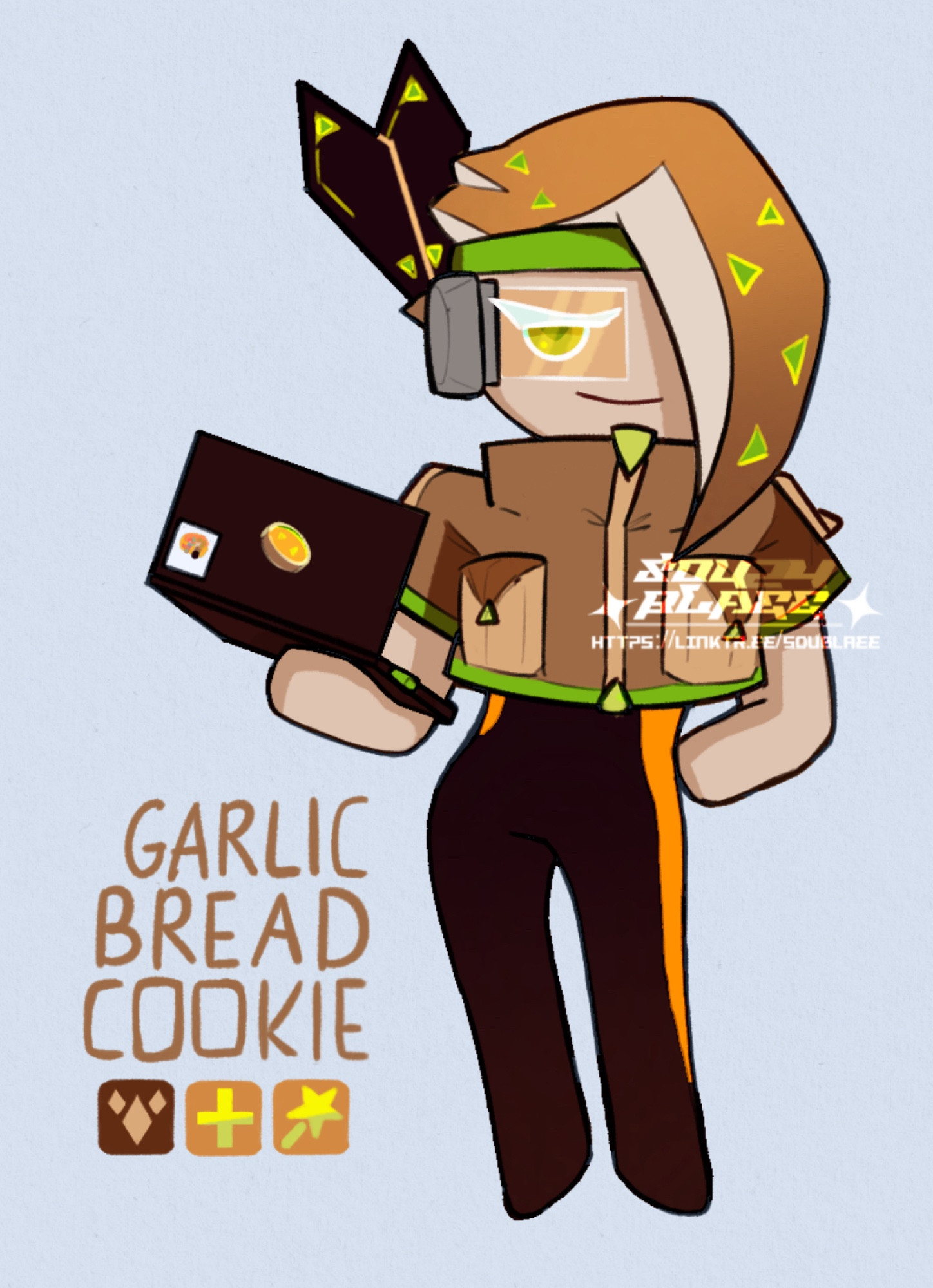 A drawing of my Cookie Run original character, Garlic Bread Cookie.
She is giving a smug expression to the viewer with a sassy pose whilst holding up her laptop.
Her general colour palette consists of warm brownish hues with tints of green, yellow and orange.
The logo on her laptop is that of a piece of garlic bread, and there is a sticker stuck on it looking like a polaroid. The polaroid looks to have Garlic bread cookie and Peach iced tea Cookie on it