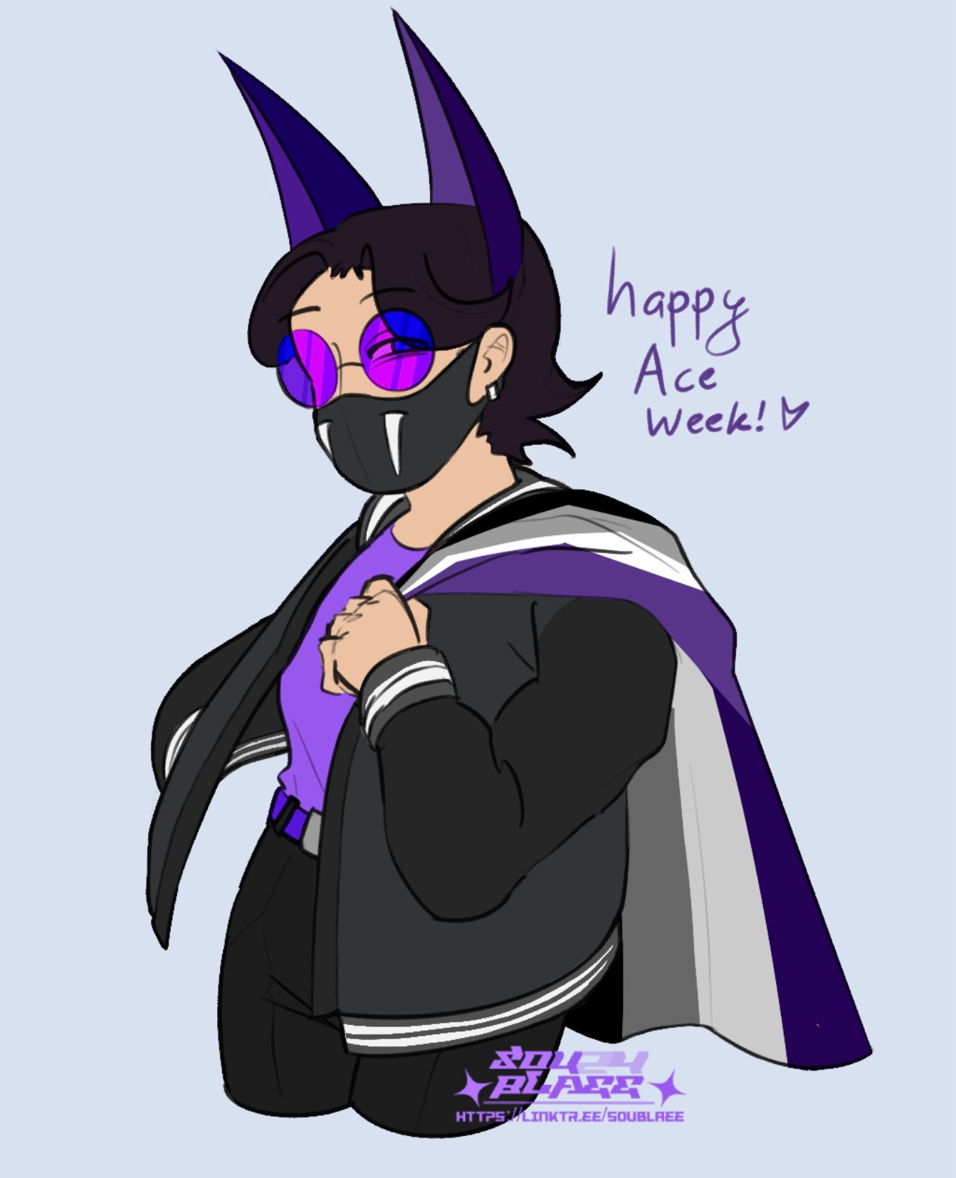 a halfbody clean sketch of my Sona on a grey background. they are carrying an Asexual flag on their back with their left hand whilst their right is in their pocket

the following is written next to them: “Happy ace week! 💜”
