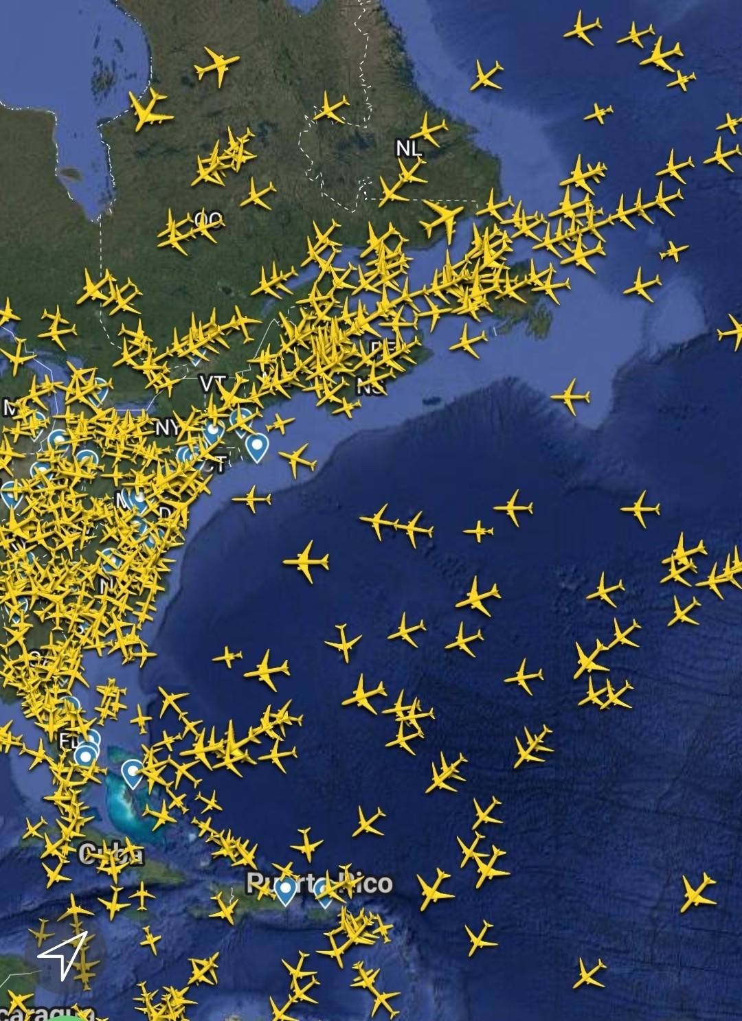 Screenshot of flight radar over the Eastern US showing the sky densely populated with large jets. At this zoom level, only the largest planes are shown, and only about 50% of those. 
It's disgusting because not only do planes burn huge amounts of fuel per mile but also every flight "dumps fuel" to be as light as possible for landing. 
Live within 5 miles of an airport? You should move especially if you under the predominant flight path