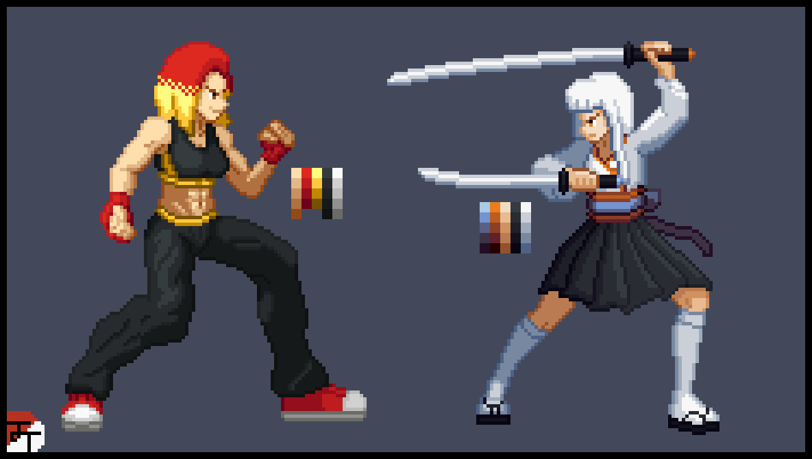 Two pixel art drawings based on the style found in the Street Fighter Alpha series. 
On the left is Elektra, a tall white woman with an asymmetrical bob cut haircut painted in a red to yellow gradient. She is wearing black sports bra and baggy pants, both with yellow trims; and red converse-like shoes and fingerless gloves. She stands prepared for a fight, smiling confidently.
On the right is Shiro, a pale girl with long, straight white hair. She is wearing a white yukata with orange trims, a light blue sash around her waist, a black skirt, white knee high socks and black geta sandals. She also stands prepared to fight, holding a katana on her left hand and a wakizashi on her left.
On the bottom left corner of the image is the artist's signature, the letters "JT" carved out of a circle. The circle is colored red and white.