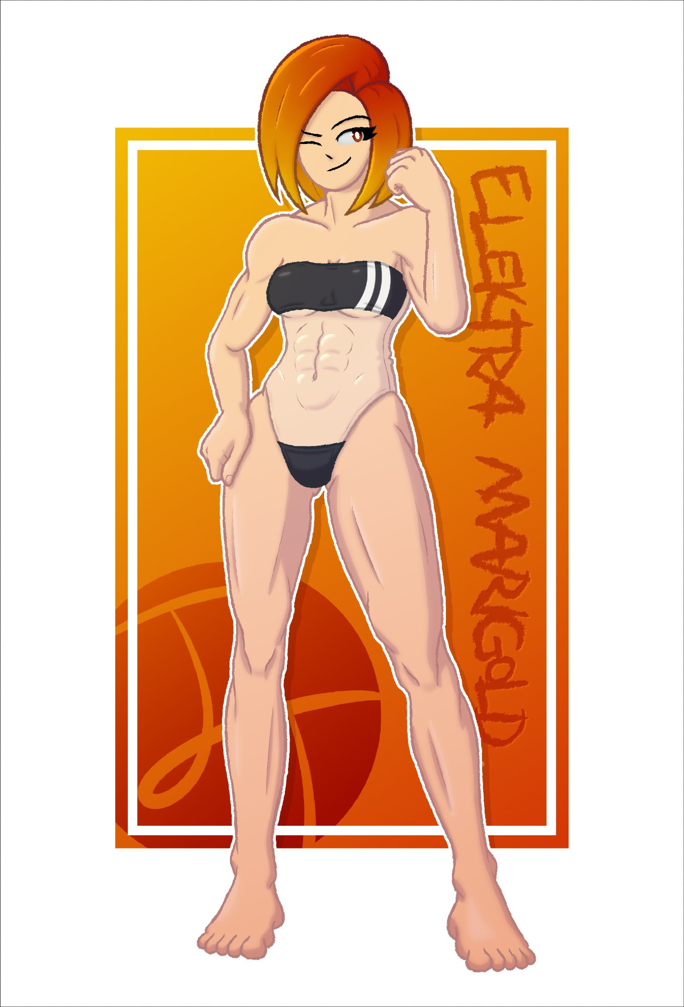 A full-body drawing of Elektra, a tall white woman with an asymmetrical bob cut haircut painted in a red to yellow gradient. 
She is wearing a single-piece swimsuit where the chest and crotch areas, made of black fabric and two white stripes on the left side of the chest, are connected by see-through fabric across the midriff. The swimsuit was designed by the artist @vertigris.net.
Elektra is standing with her right hand on her hip and her left hand near her face, while winking and smiling confidently.
Behind her is an orange rectangle with the text "Elektra Marigold" written vertically on the right and the artist's logo, a circle with the letters "JT" written in negative space, on the bottom left.