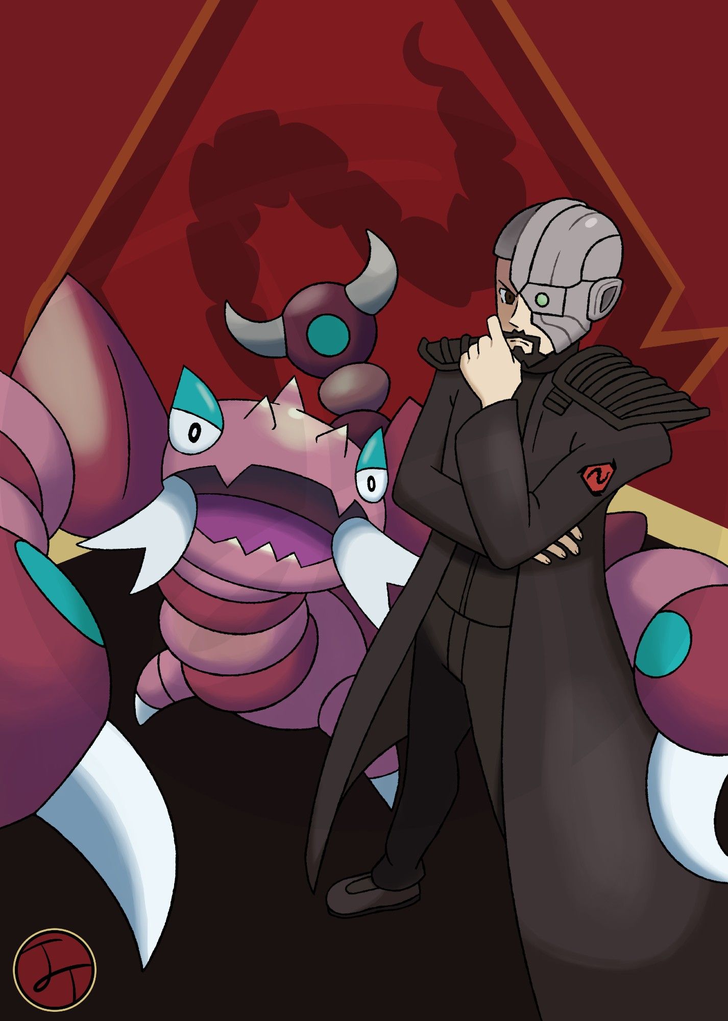 A digital drawing featuring Kane from the Command And Conquer series and the Pokémon Drapion. 
Drapion, a large reddish scorpion-like creature with white pincers, segmented body, and pointy eyes with small pupils, stands aggressively with its pincers open and tail raised. On the middle of it's pincers are teal circles, and it's eyelids are also teal. 
Kane, on the right, is dressed in a black military-style uniform with a patch featuring an altered version of the Brotherhood of Nod insignia on the left arm. The Nod insignia's scorpion tail is shaped like the letter N, referencing the insignias of the antagonistic teams from the Pokémon series. Kane has light skin, is bald, and sports a metallic mask that covers the left side of his face. Kane appears contemplative, with his left hand raised to his chin. The background is split horizontally in half, with the bottom half being black and the top being red, with the red half featuring a slightly transparent version of the Nod insignia.