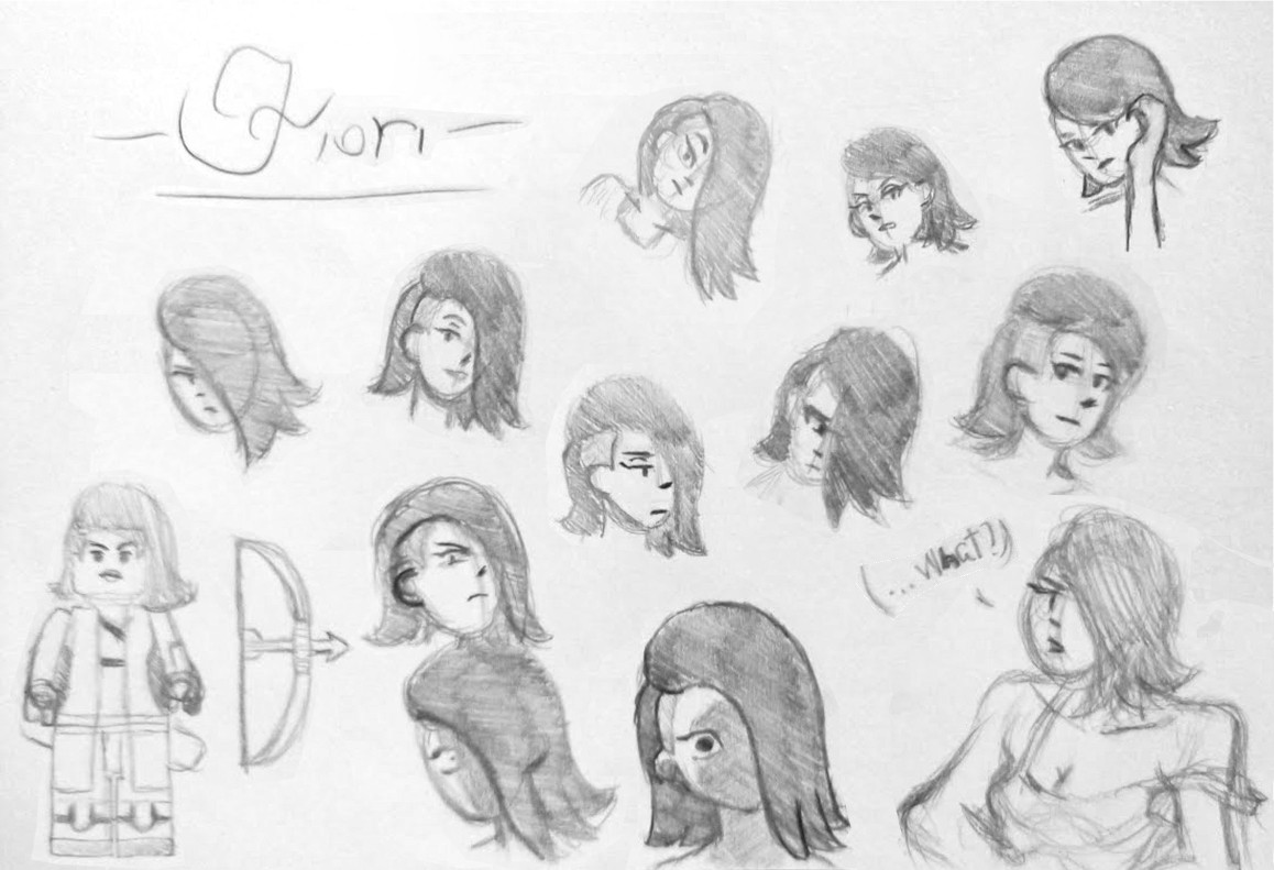 The image features 13 small sketches of one of my OCs, Fiori Nero.
Fiori has black, shoulder-length hair that's shaven on the right side and frequently covers her left eye. 

The bottom right sketch features a waist up drawing in which Fiori is wearing a spaghetti strap shirt with the left strap draped over her arm. She is looking to her left with her hair covering her left eye, and to her right is a speech bubble saying "...what?". This sketch is based on a drawing I found on Pinterest that I unfortunately was unable to find the original artist.

The bottom left sketch is a rendition of the character as a Lego minifigure, with a bow and arrow accessory to her right.

The rest of the sketches are of various expressions, raging from unamused, tilting her hear in confusion/curiosity, pure anger, etc. 

On the top left of the image, the character's name is written in cursive letters.