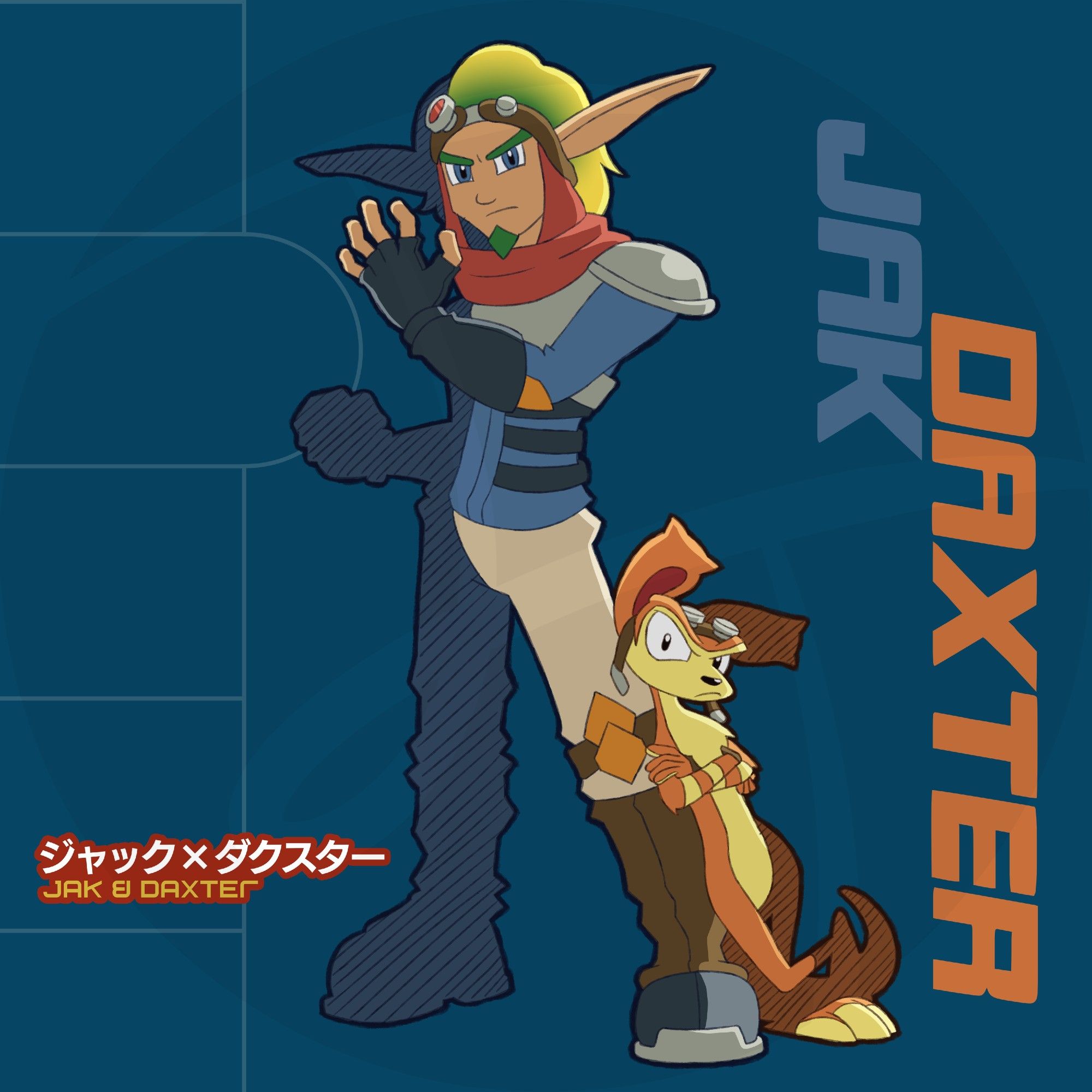 Digital drawing of titular characters of the Jak and Daxter series in the style of the character artworks from the game Sonic Riders.